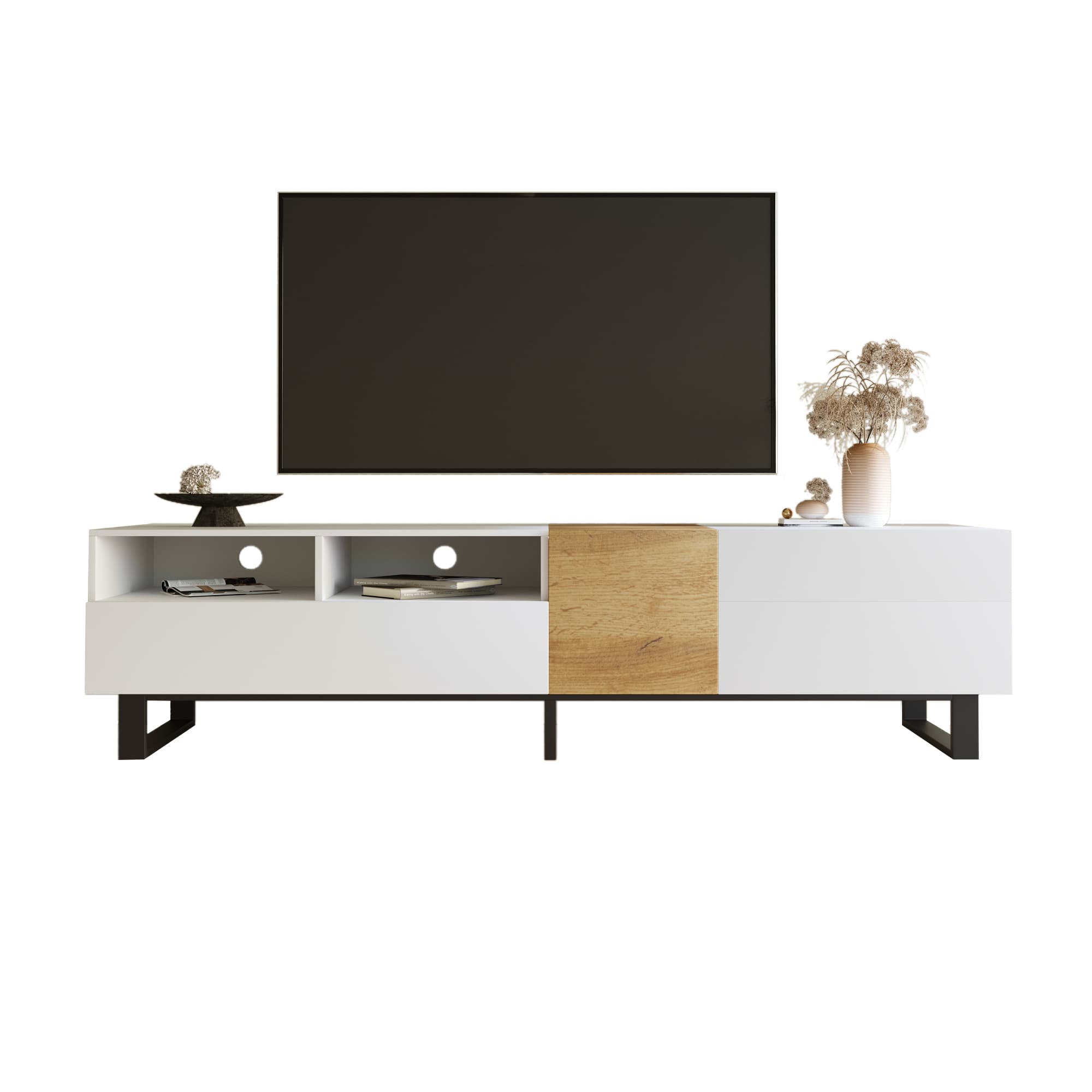 Modern TV Stand, White and Wood Effect Finish, 180cm - image 3