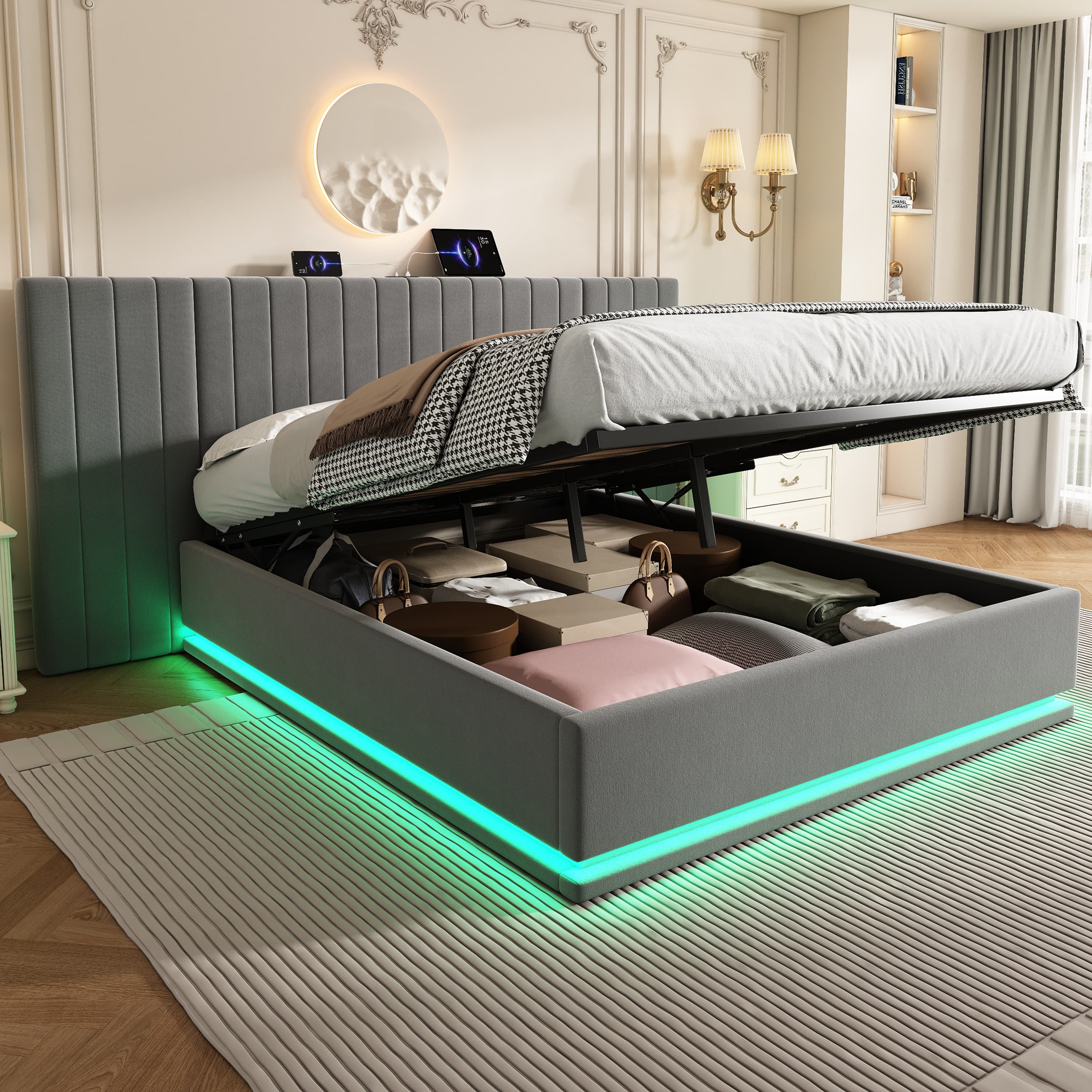 King Size Velvet Ottoman Storage Bed with LED Lighting and USB Charging - image 1