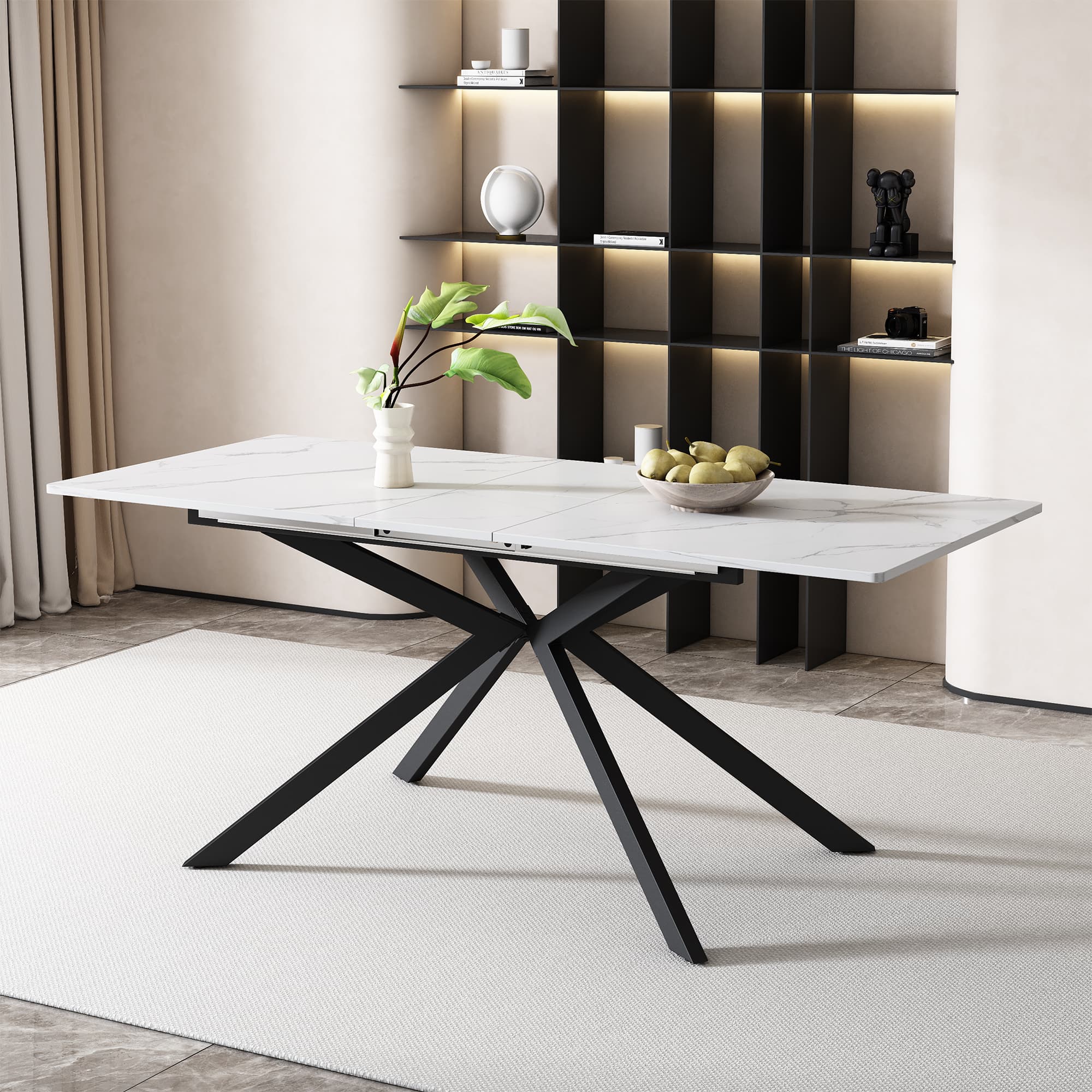 Modern Extendable Dining Table with Marble Effect & Cross Legs - White