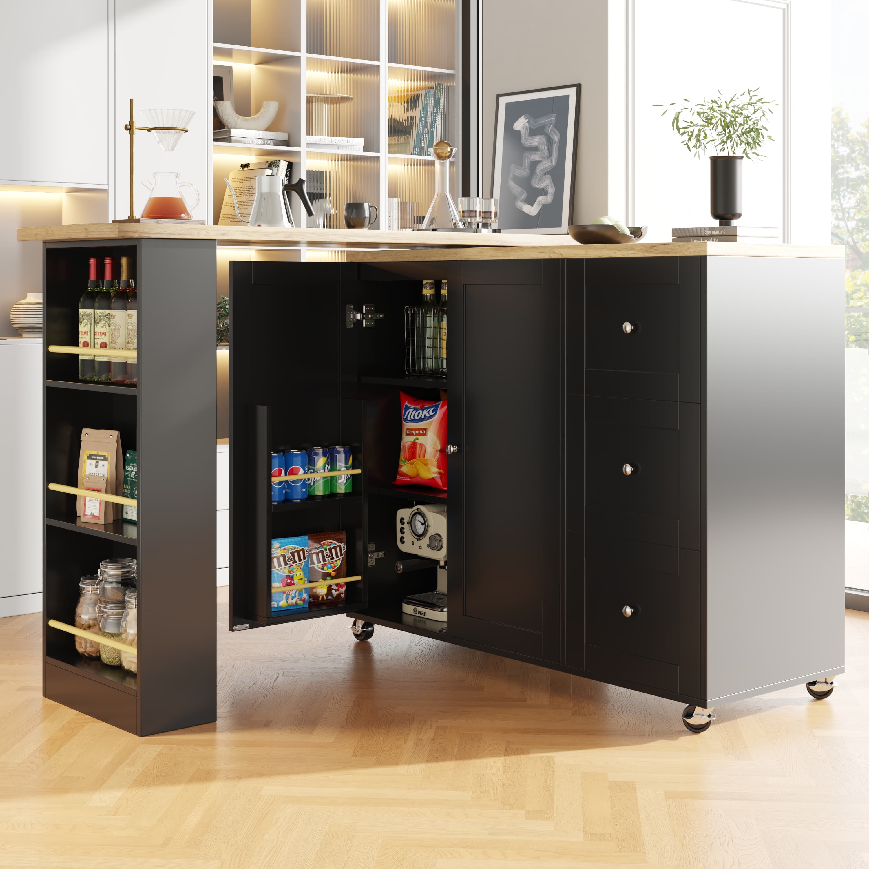 Multifunctional Swivel Bar Table with 3 Drawers, Black - image 3