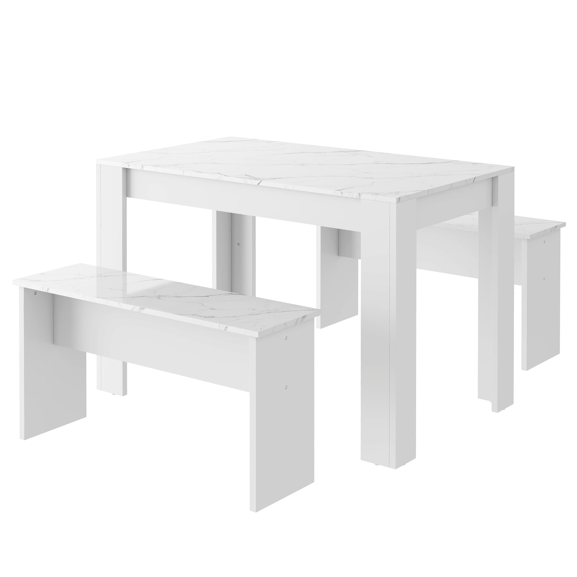 Modern Dining Set with Table and Benches, White Marble Effect - image 4