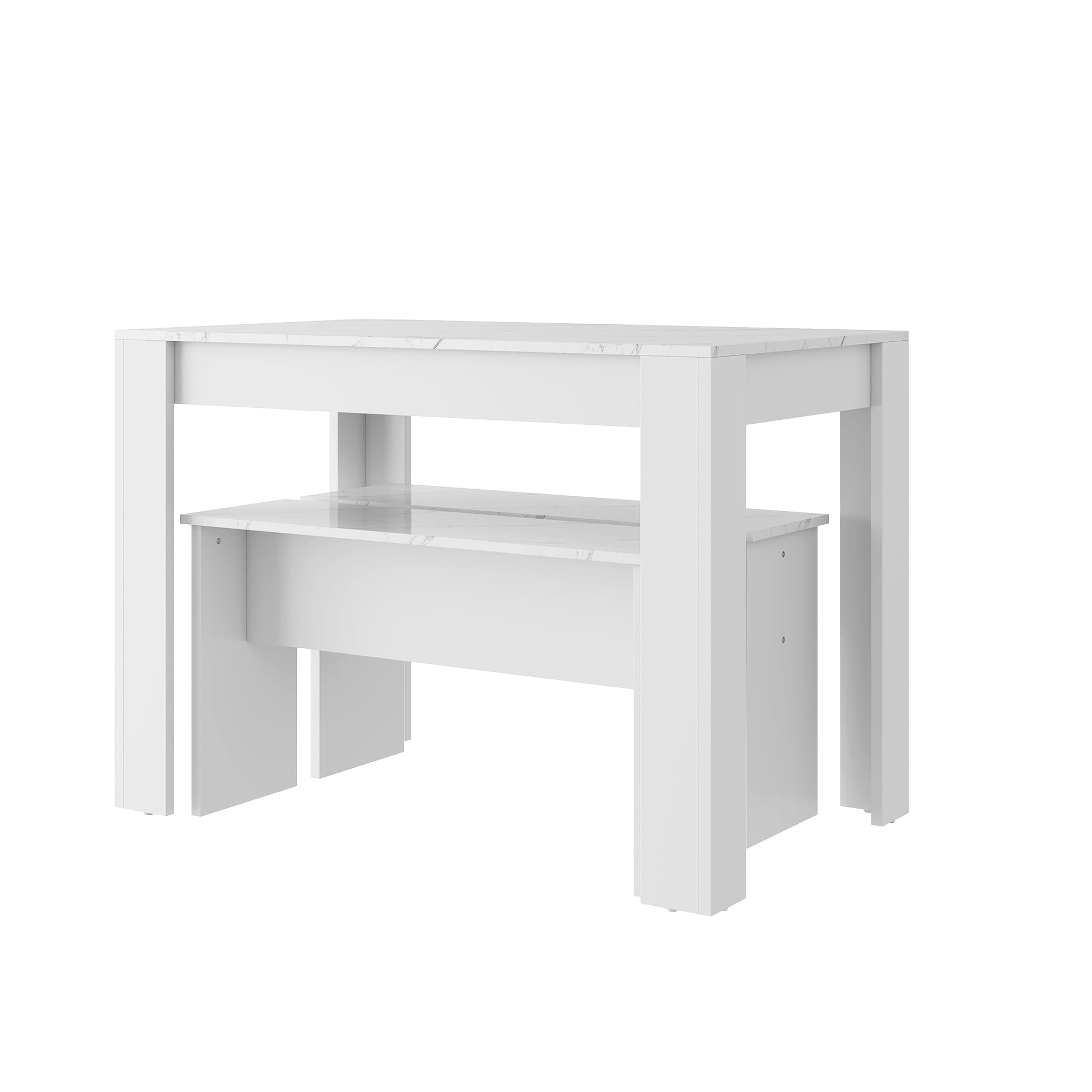 Modern Dining Set with Table and Benches, White Marble Effect - image 3