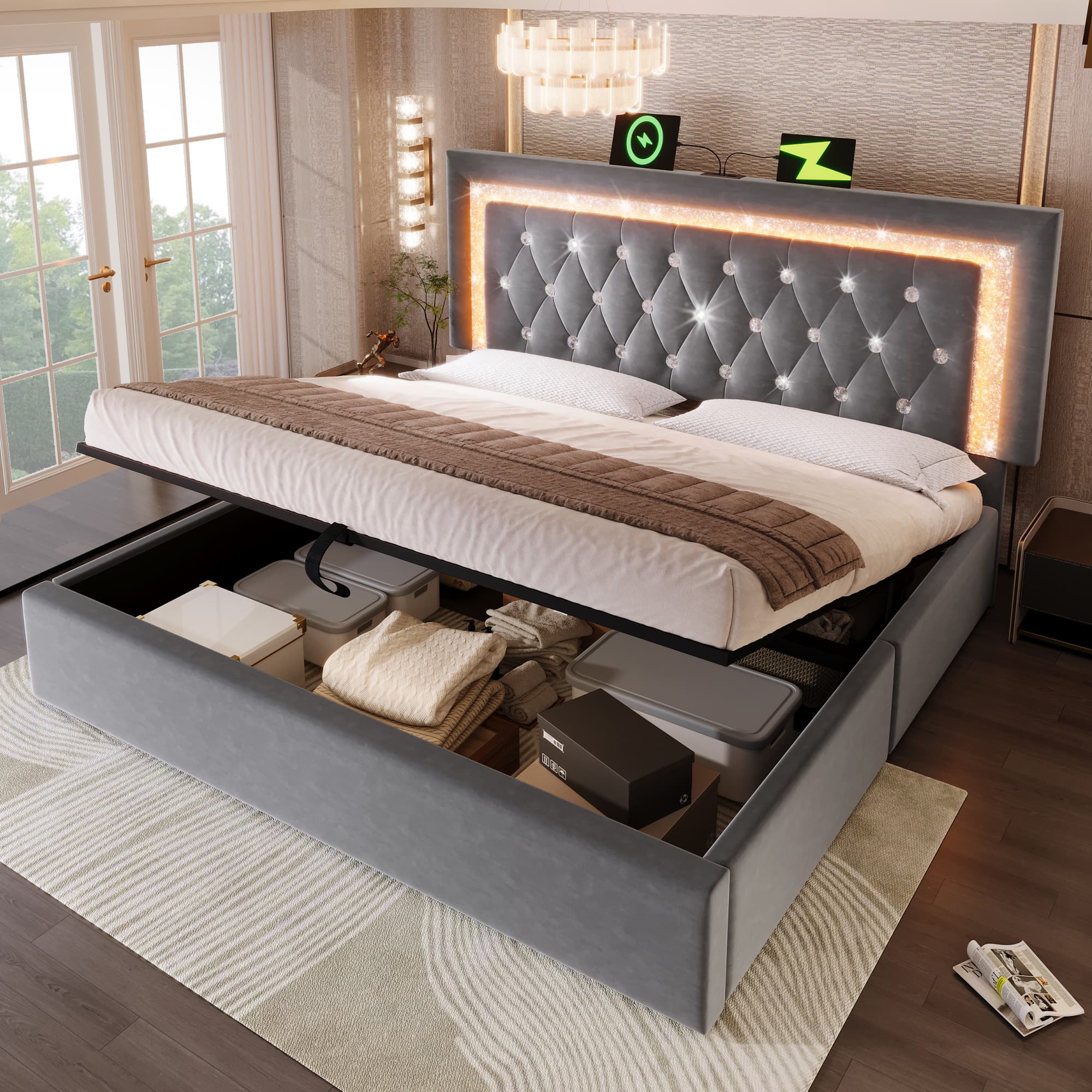 Grey Velvet Super King Ottoman Storage Bed with LED Headboard