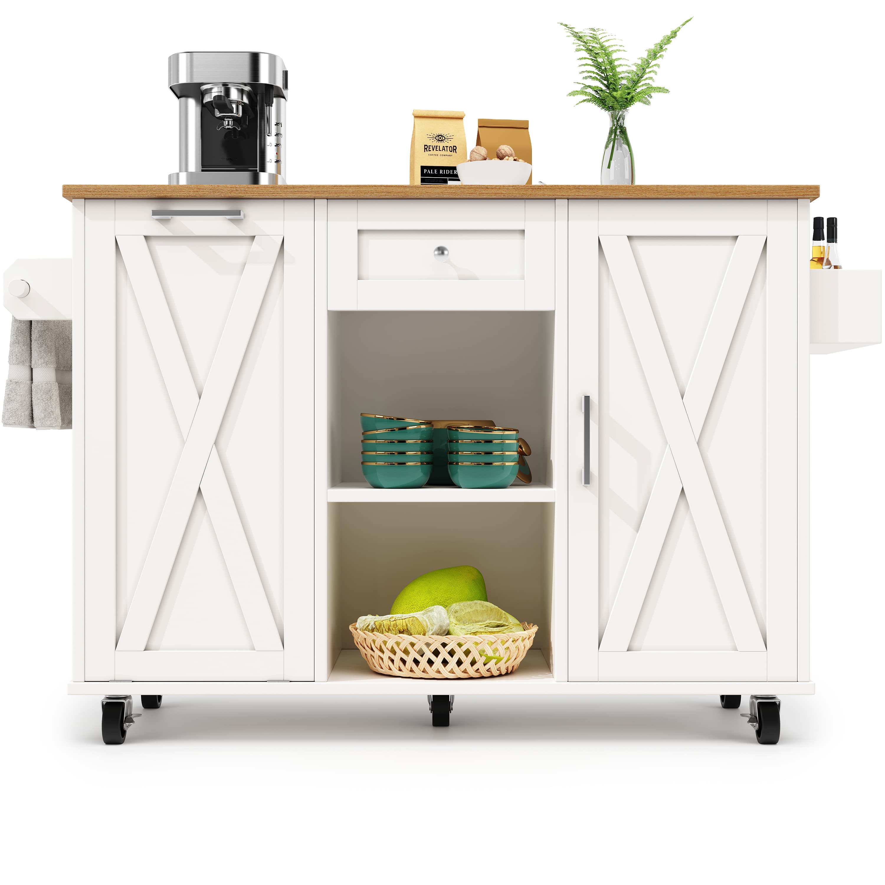 Mobile Kitchen Trolley with Extending Dining Table & Bin Cabinet - image 5