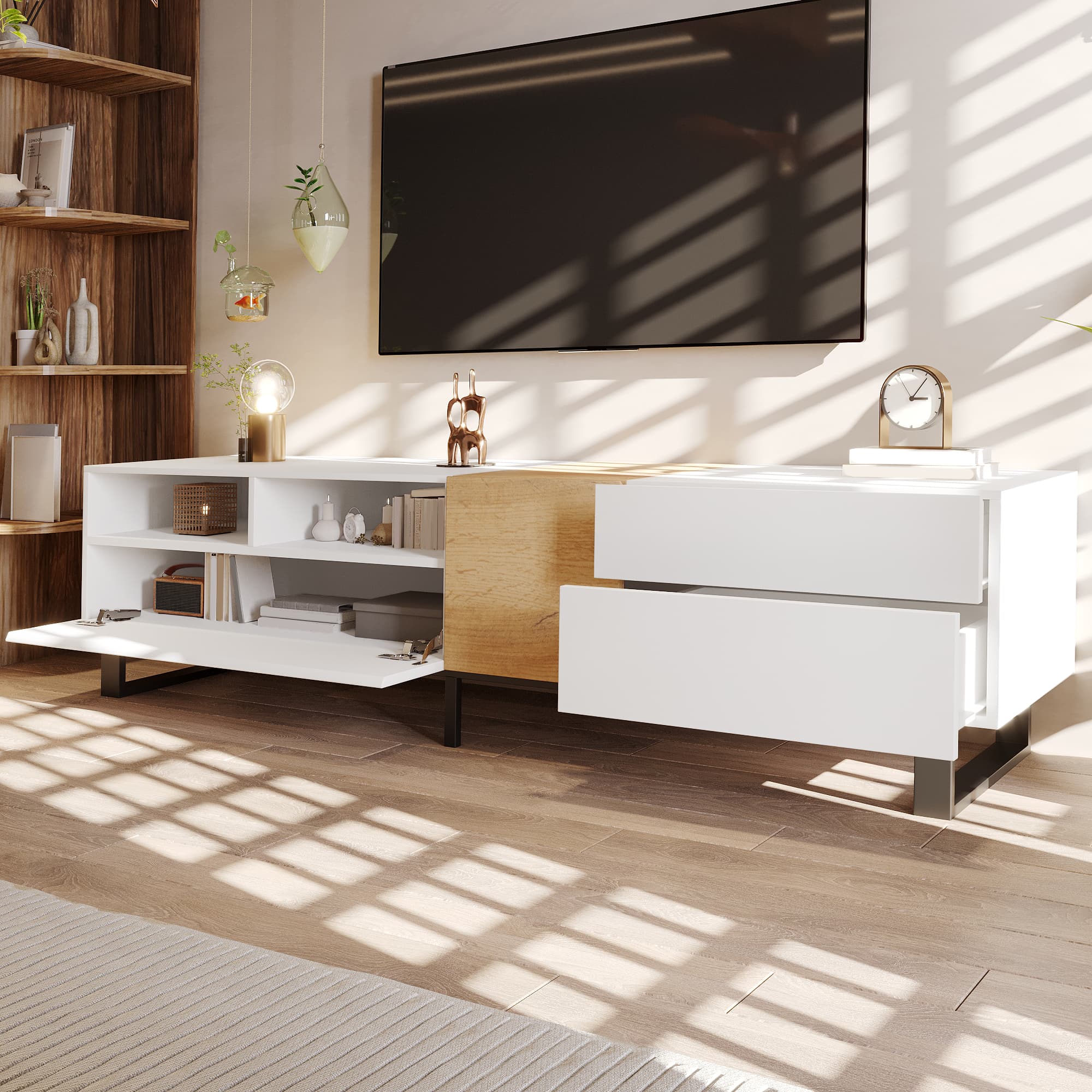 Modern TV Stand, White and Wood Effect Finish, 180cm - image 1