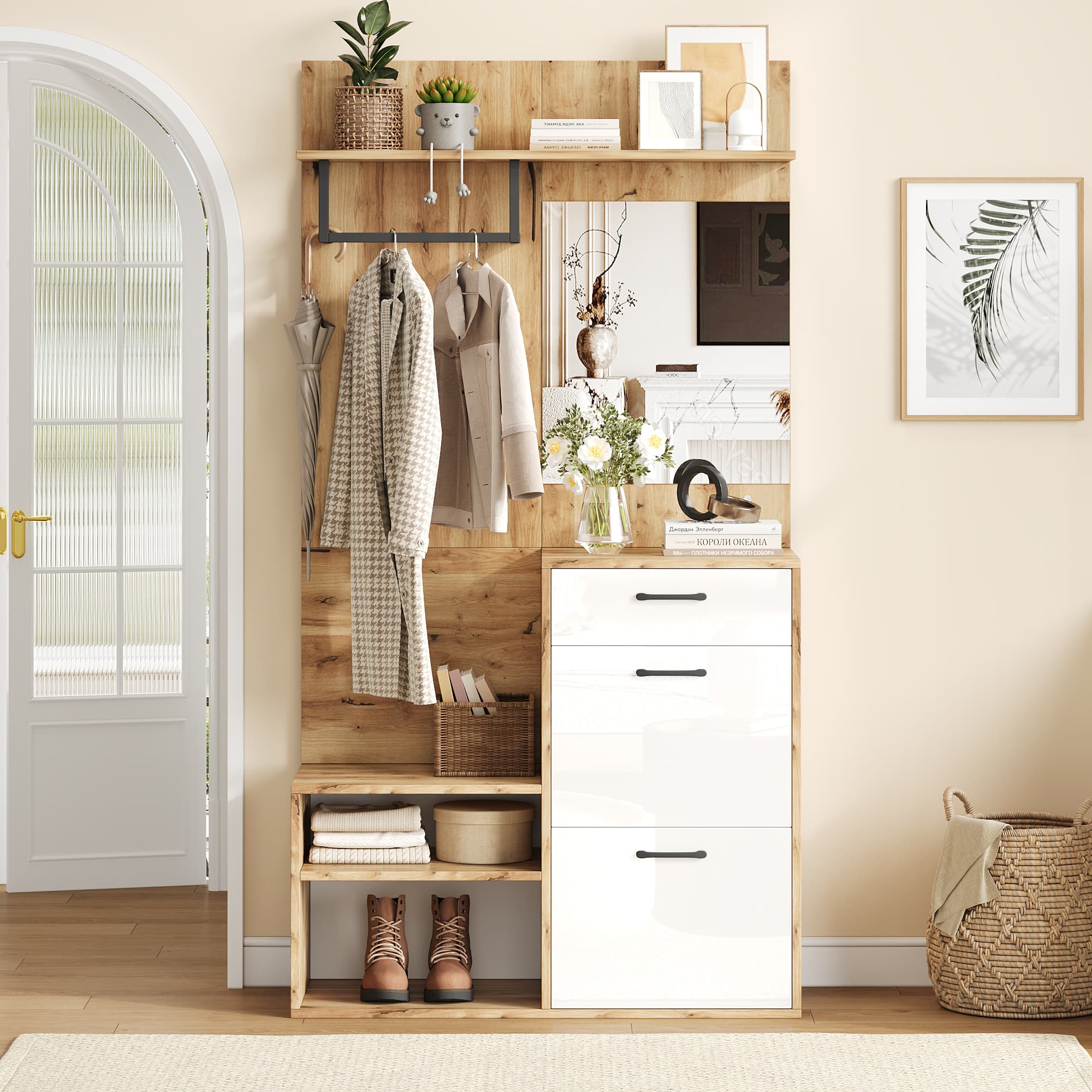 7-in-1 Hallway Storage Unit with Bench, Coat Rack and Mirror - image 5