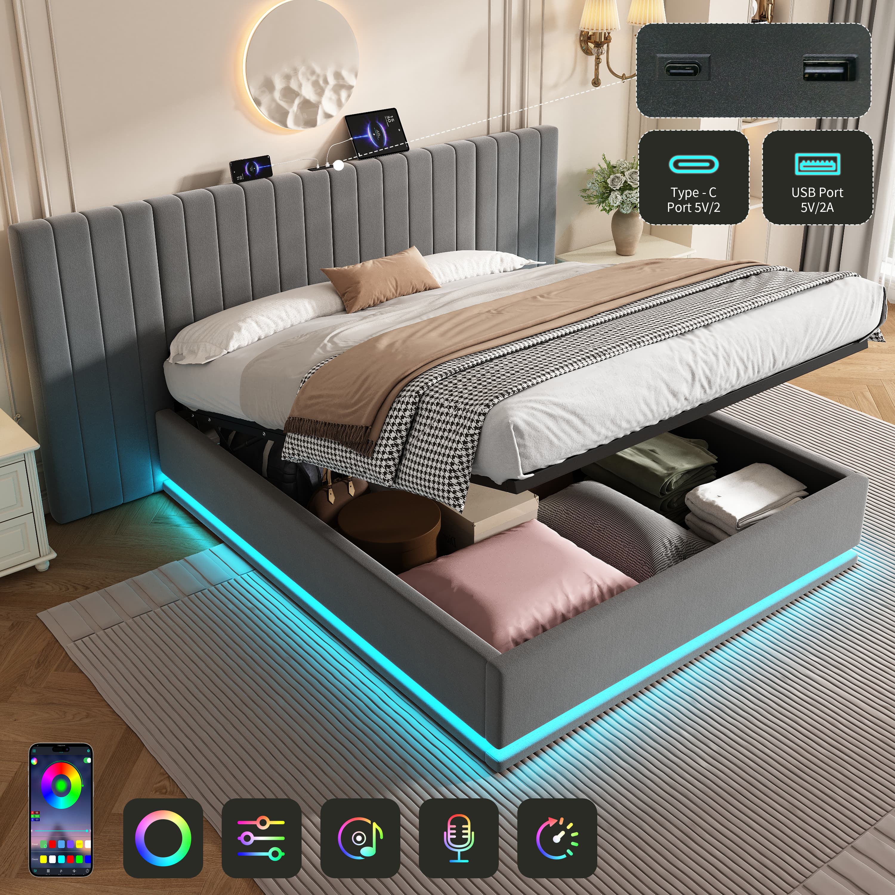 King Size Velvet Ottoman Storage Bed with LED Lighting and USB Charging