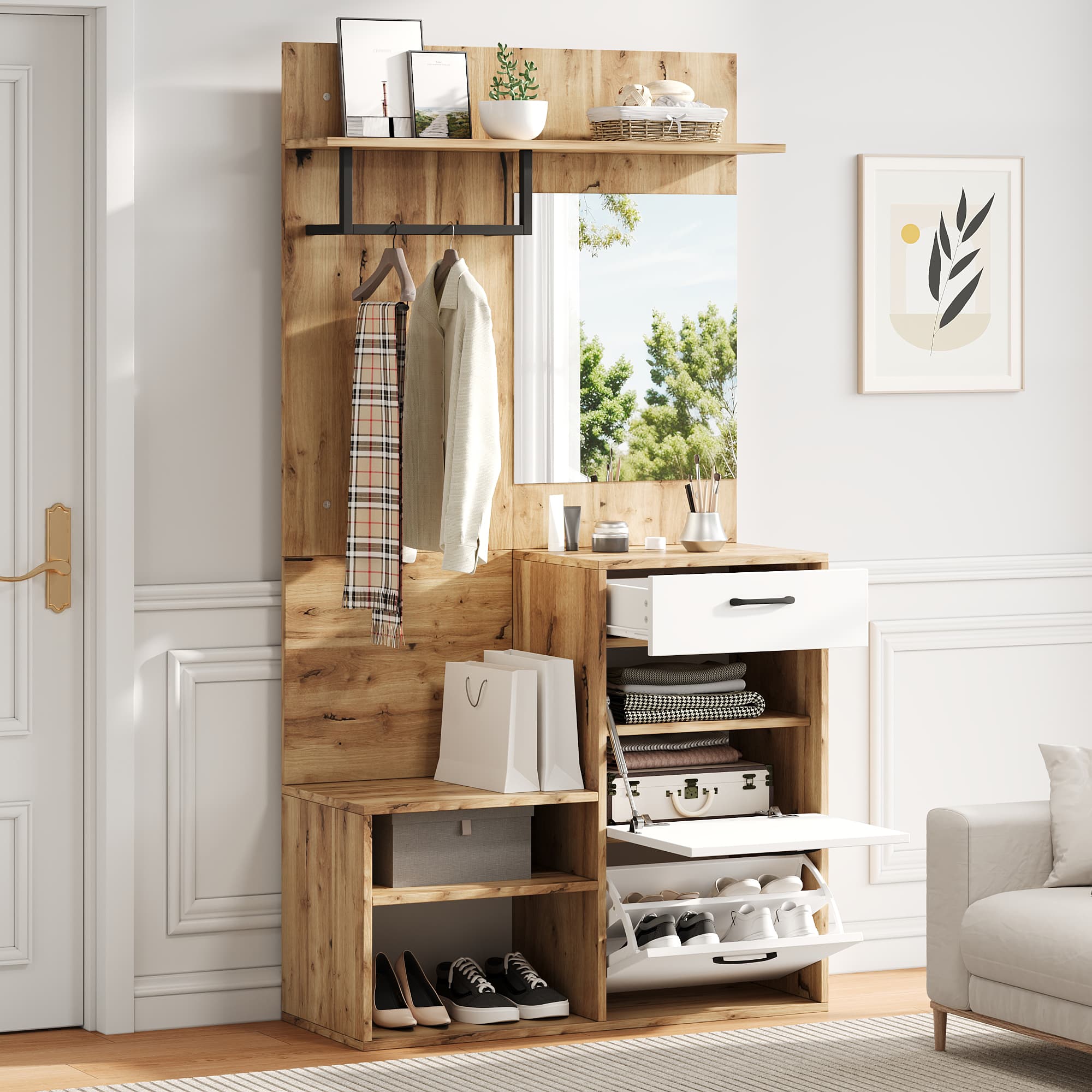 7-in-1 Hallway Storage Unit with Bench, Coat Rack and Mirror