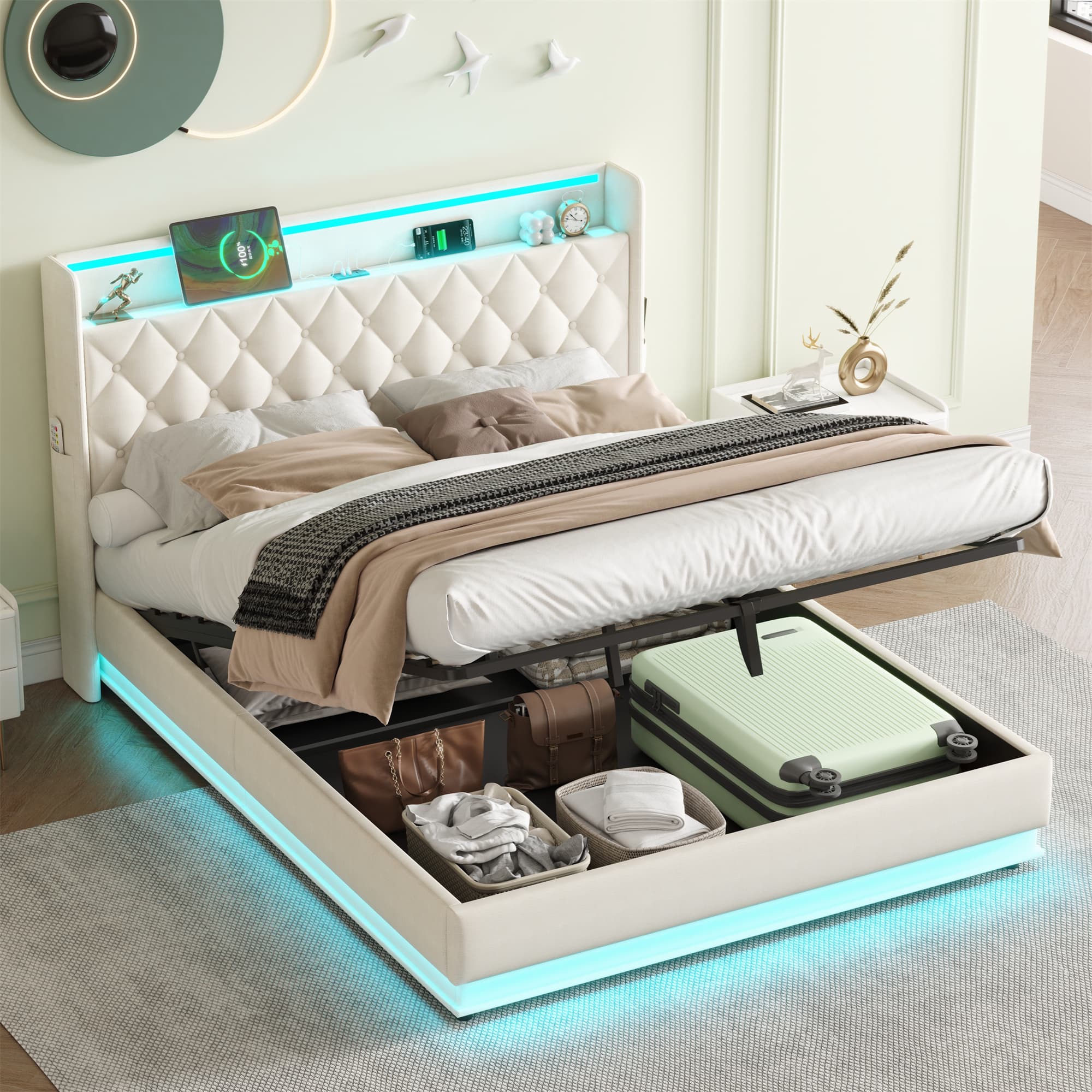 Upholstered King Size Ottoman Bed with LED Headboard & USB Charging Station - image 2