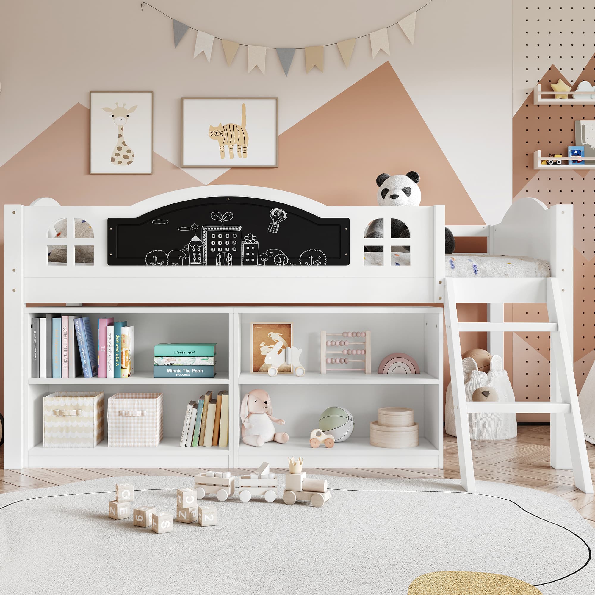 Wooden Mid Sleeper Bed with Blackboard, Storage and Steps