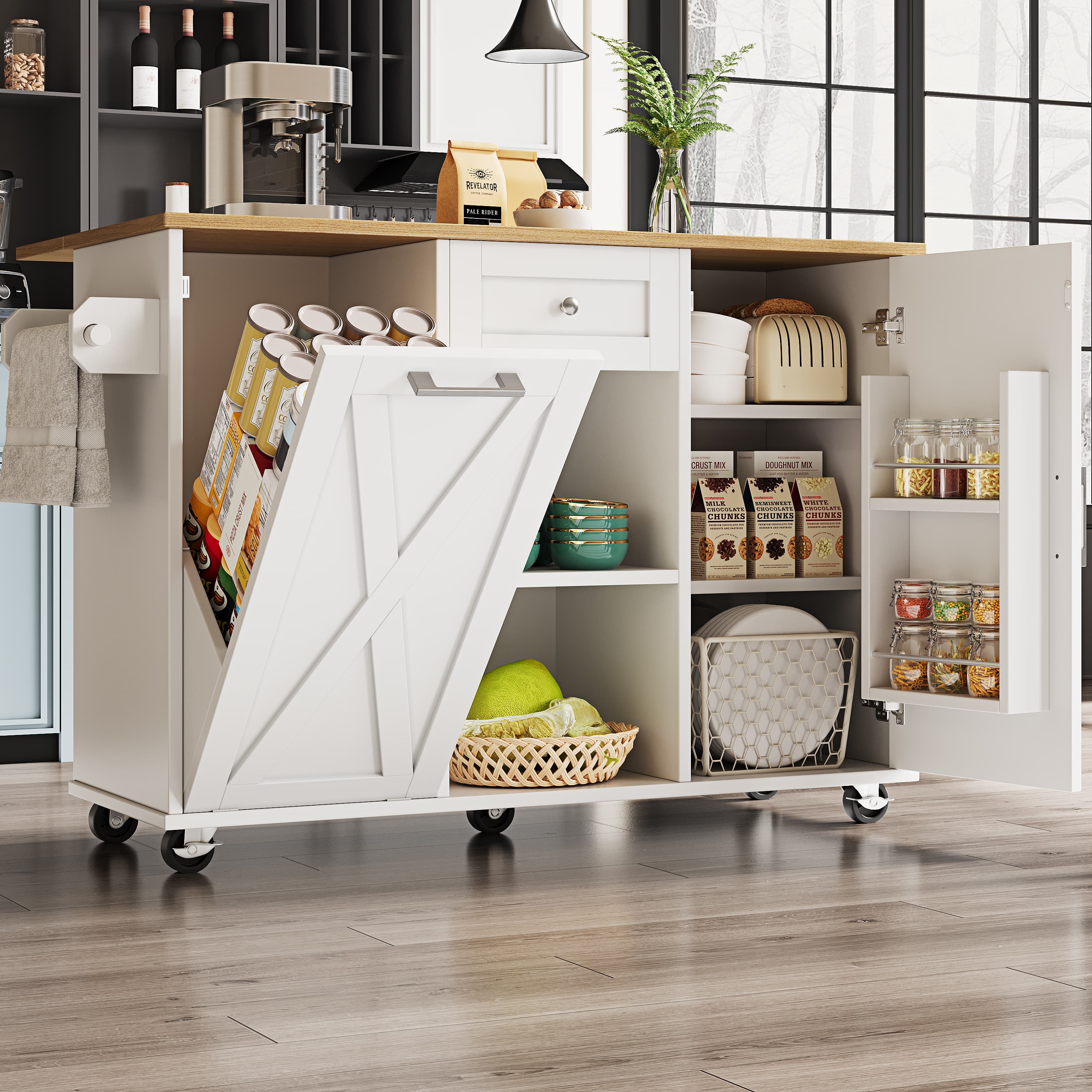Mobile Kitchen Trolley with Extending Dining Table & Bin Cabinet - image 1