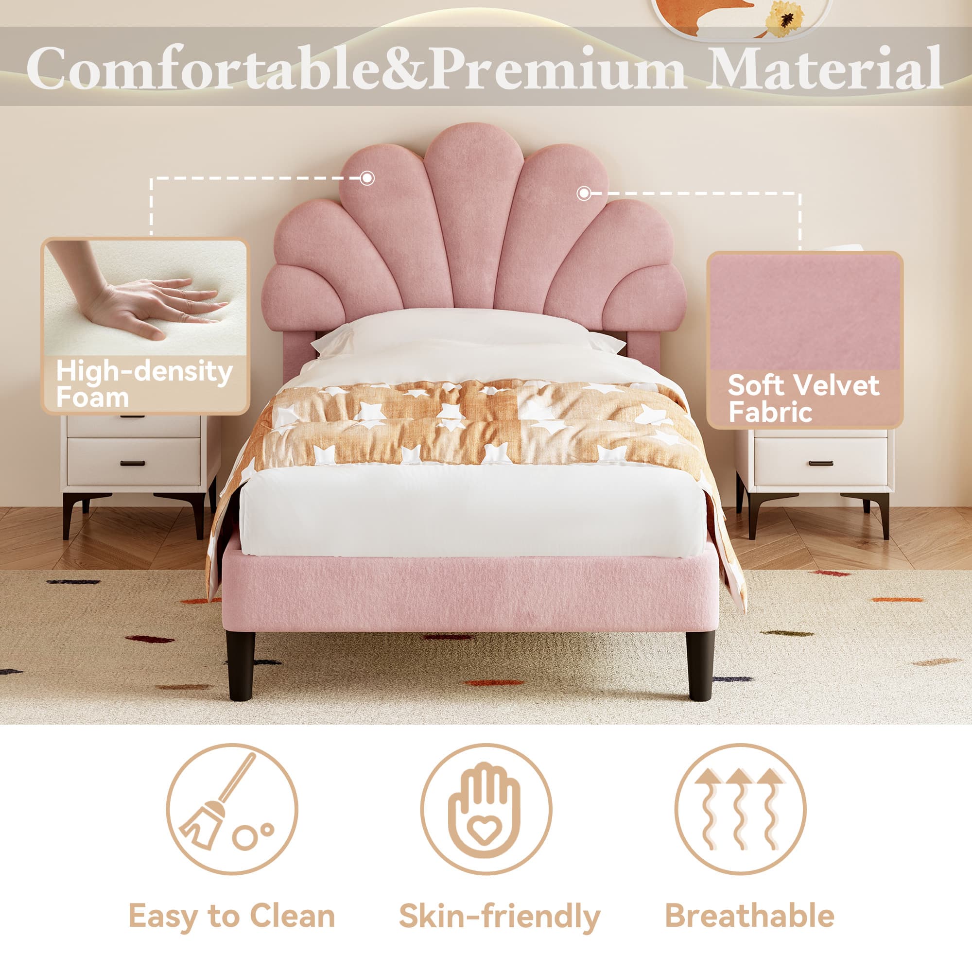 3ft Single Upholstered Bed in Pink Velvet with Petal Headboard - image 1