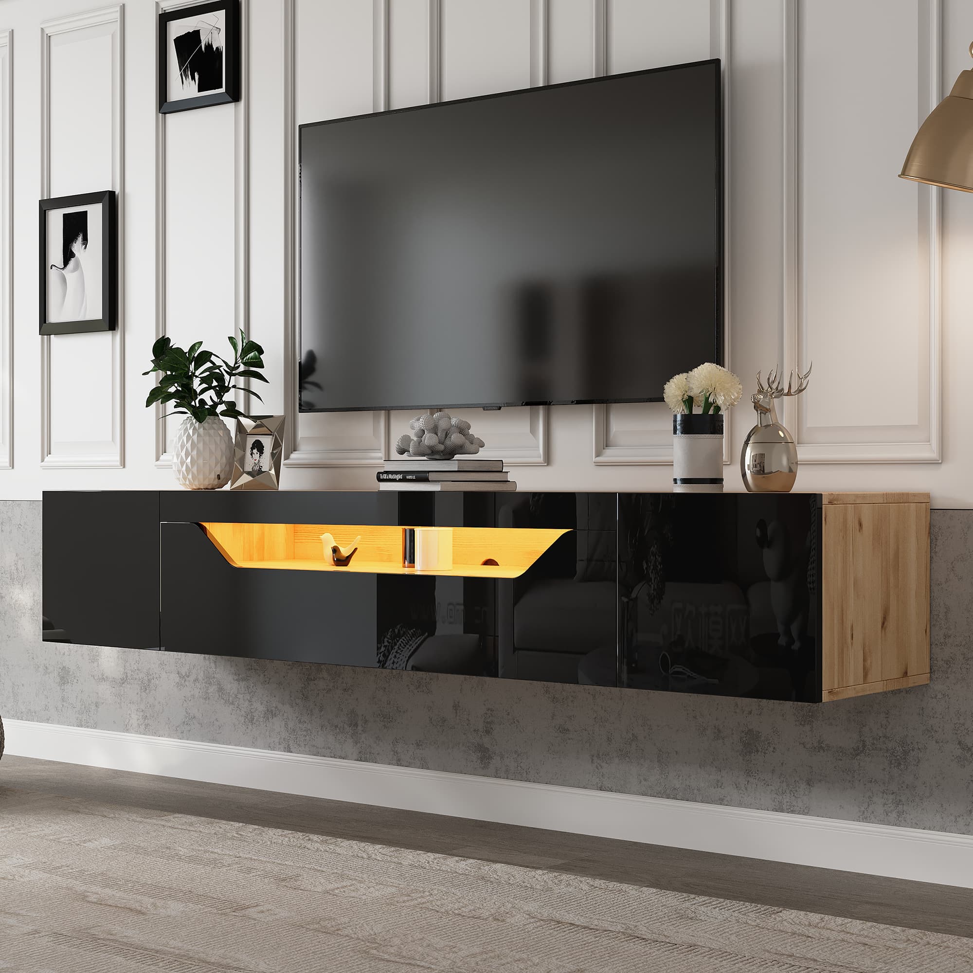 Wall-Mounted High Gloss TV Unit with LED Lighting (180cm, Black)