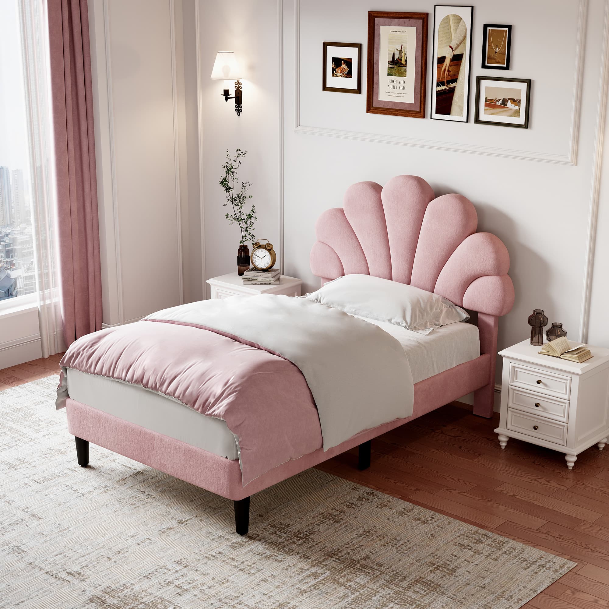 3ft Single Upholstered Bed in Pink Velvet with Petal Headboard - image 5