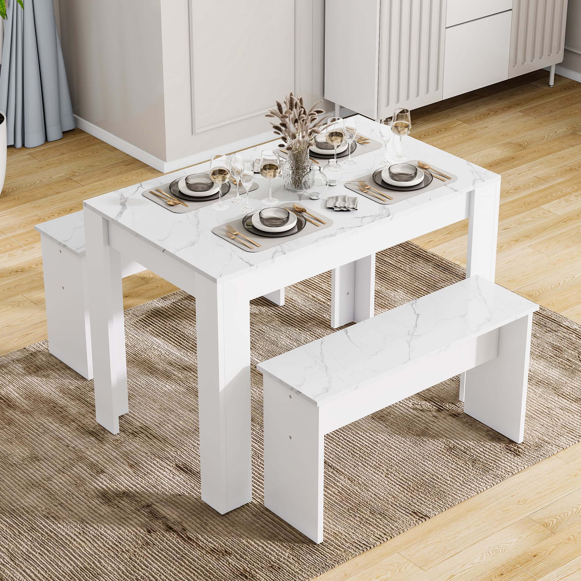 Modern Dining Set with Table and Benches, White Marble Effect - White