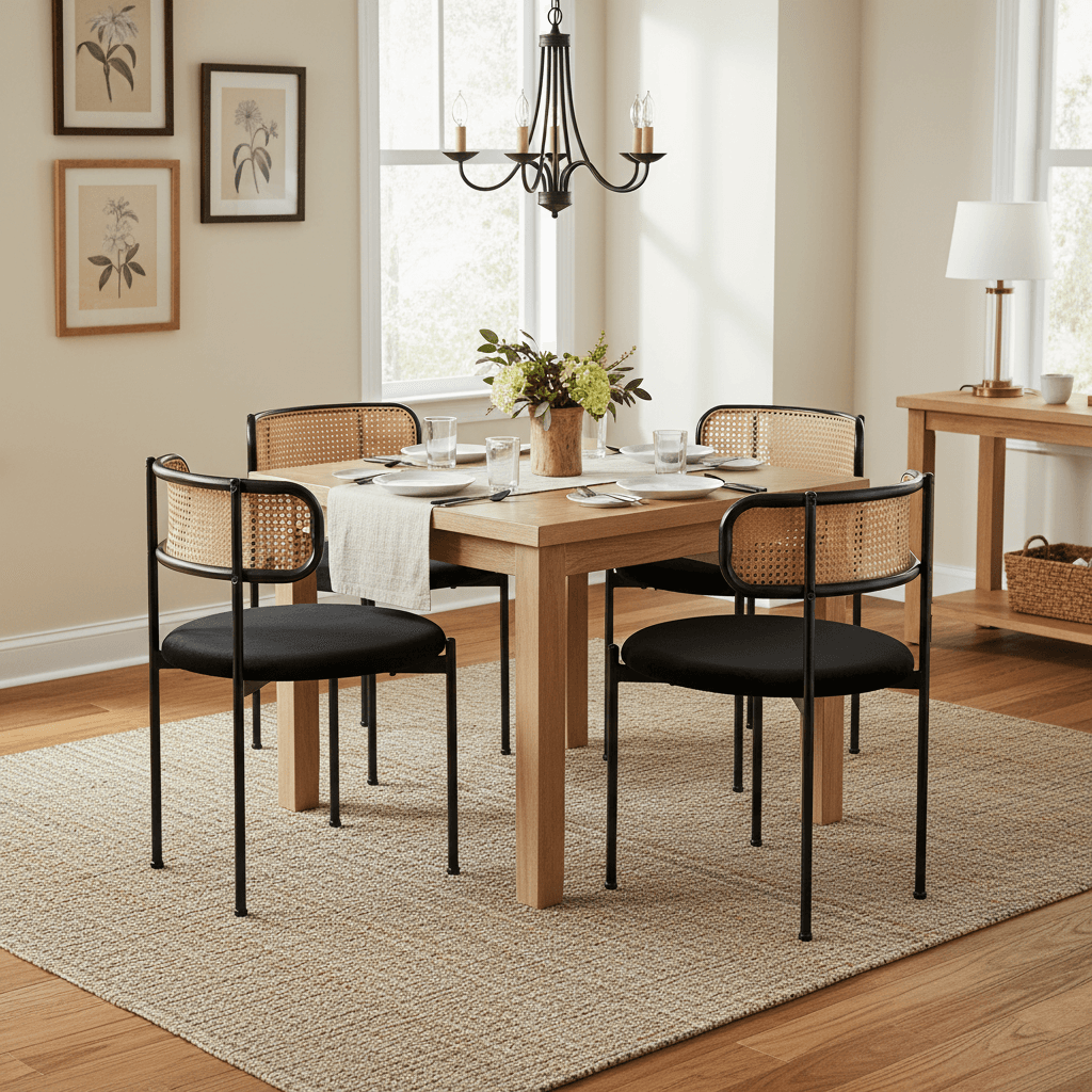 Set of 4 Black Velvet Dining Chairs with Rattan Backrest - image 4