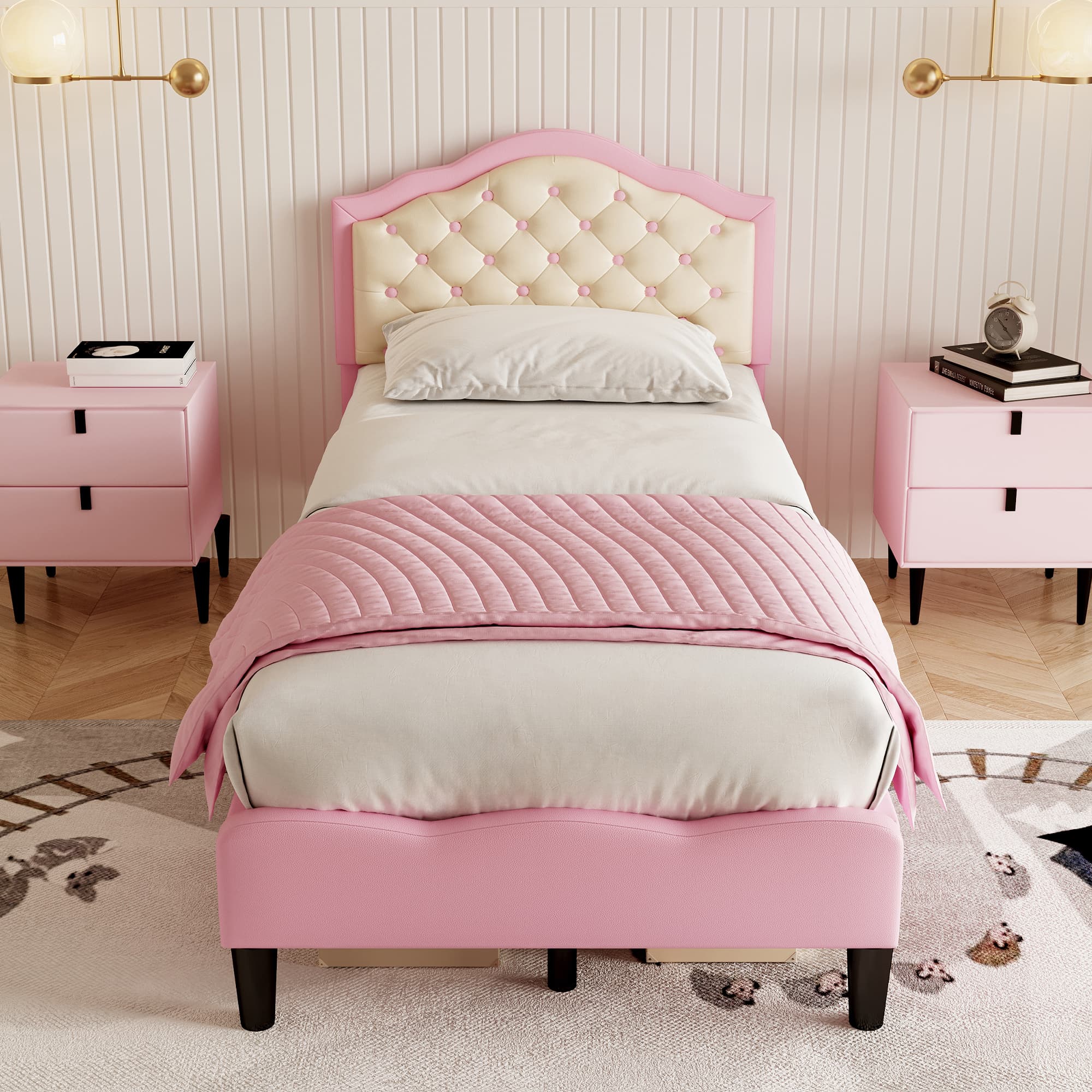 Single Upholstered Bed Frame in Pink & Beige Faux Leather (3ft) - image 4