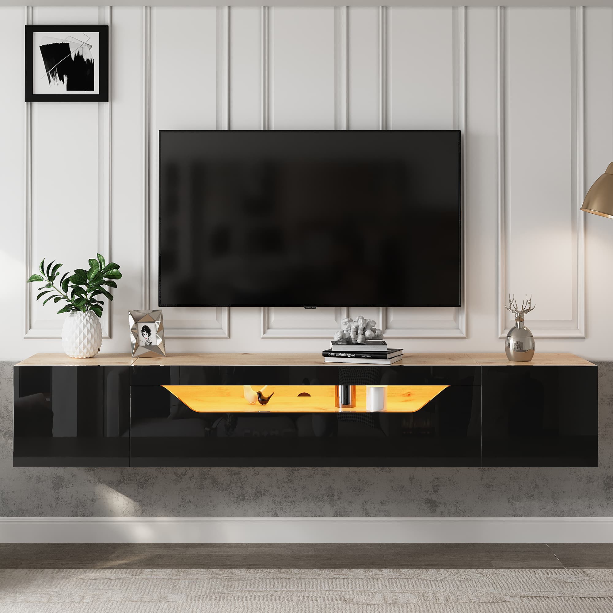 Wall-Mounted High Gloss TV Unit with LED Lighting (180cm, Black) - image 5