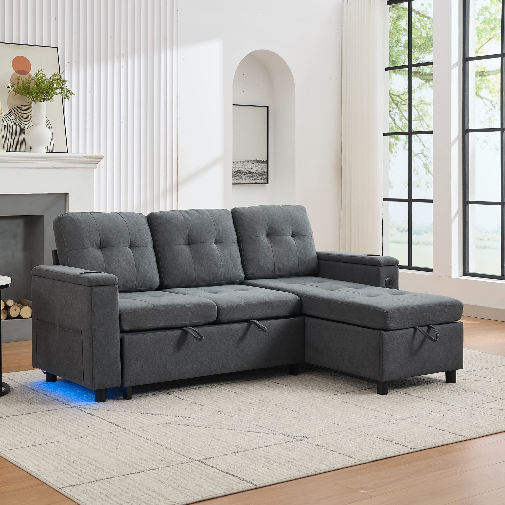 Grey 3-Seater L-Shaped Sofa Bed with Storage, USB Ports & LED - image 2