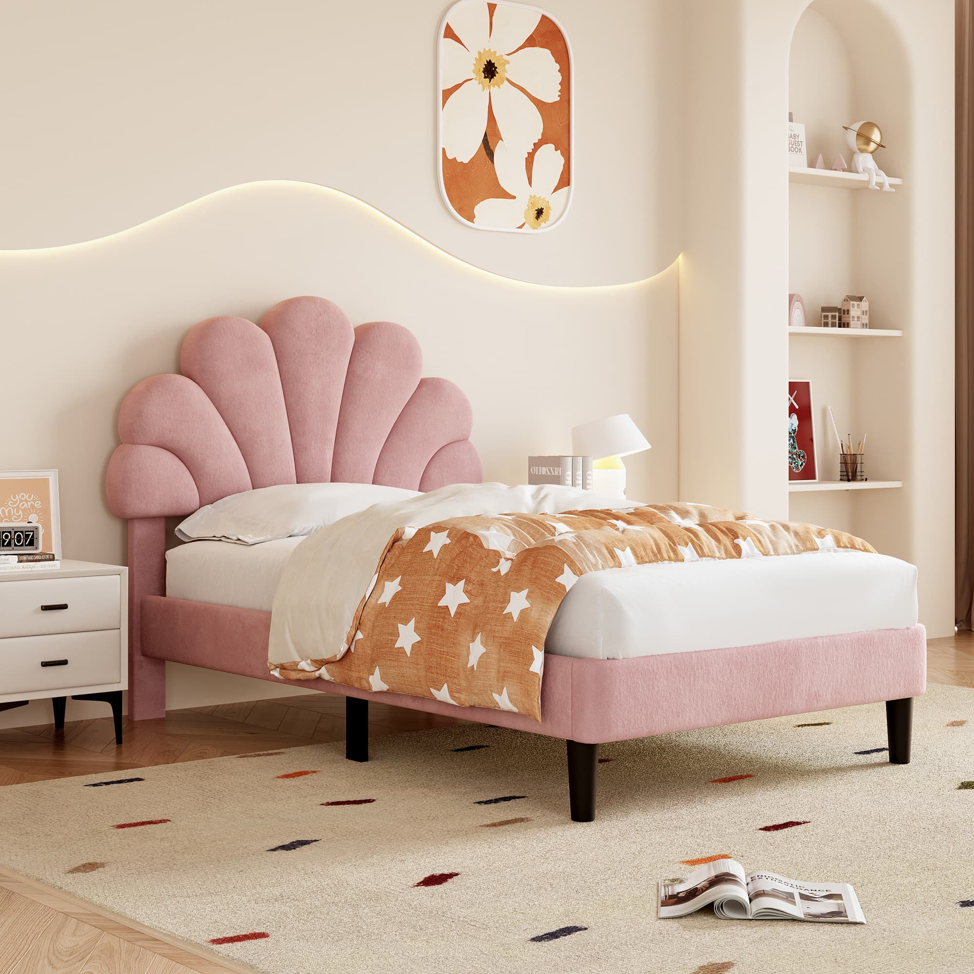 3ft Single Upholstered Bed in Pink Velvet with Petal Headboard - image 2