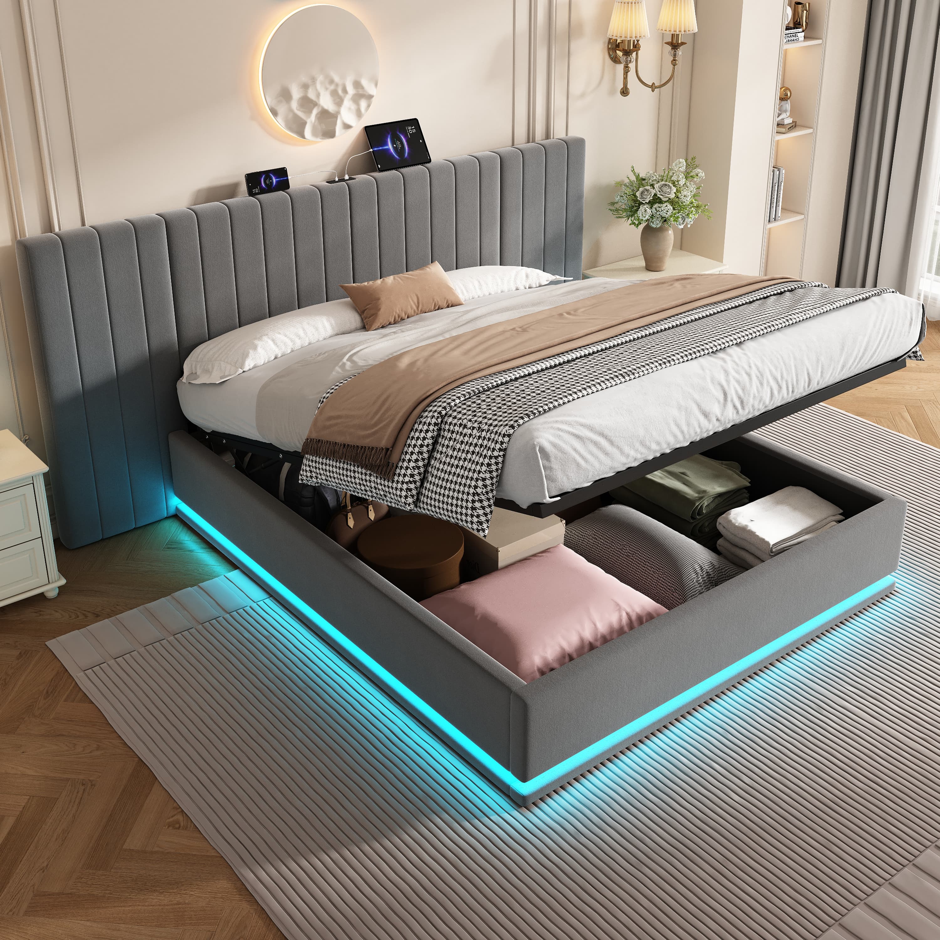 King Size Velvet Ottoman Storage Bed with LED Lighting and USB Charging - image 4