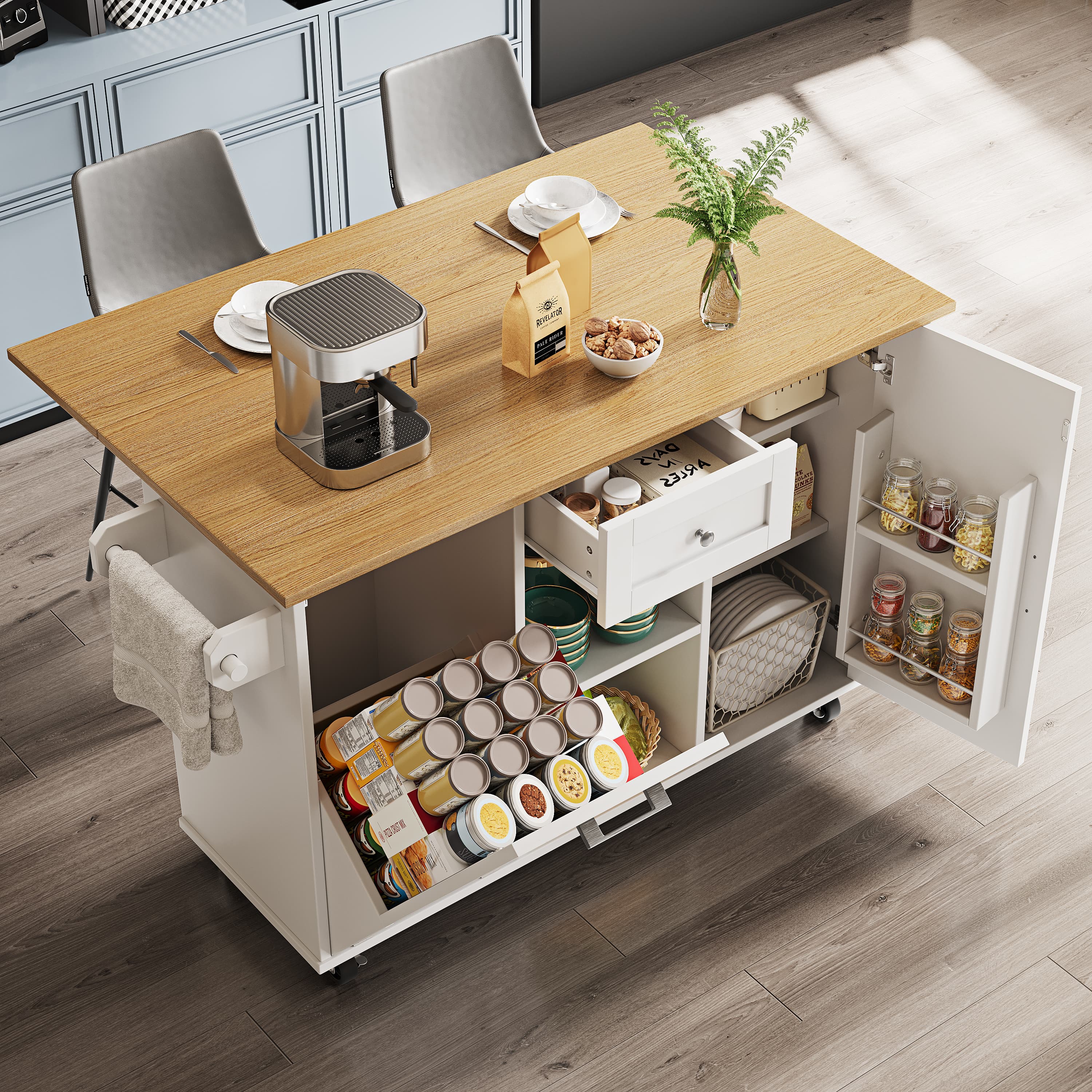 Mobile Kitchen Trolley with Extending Dining Table & Bin Cabinet