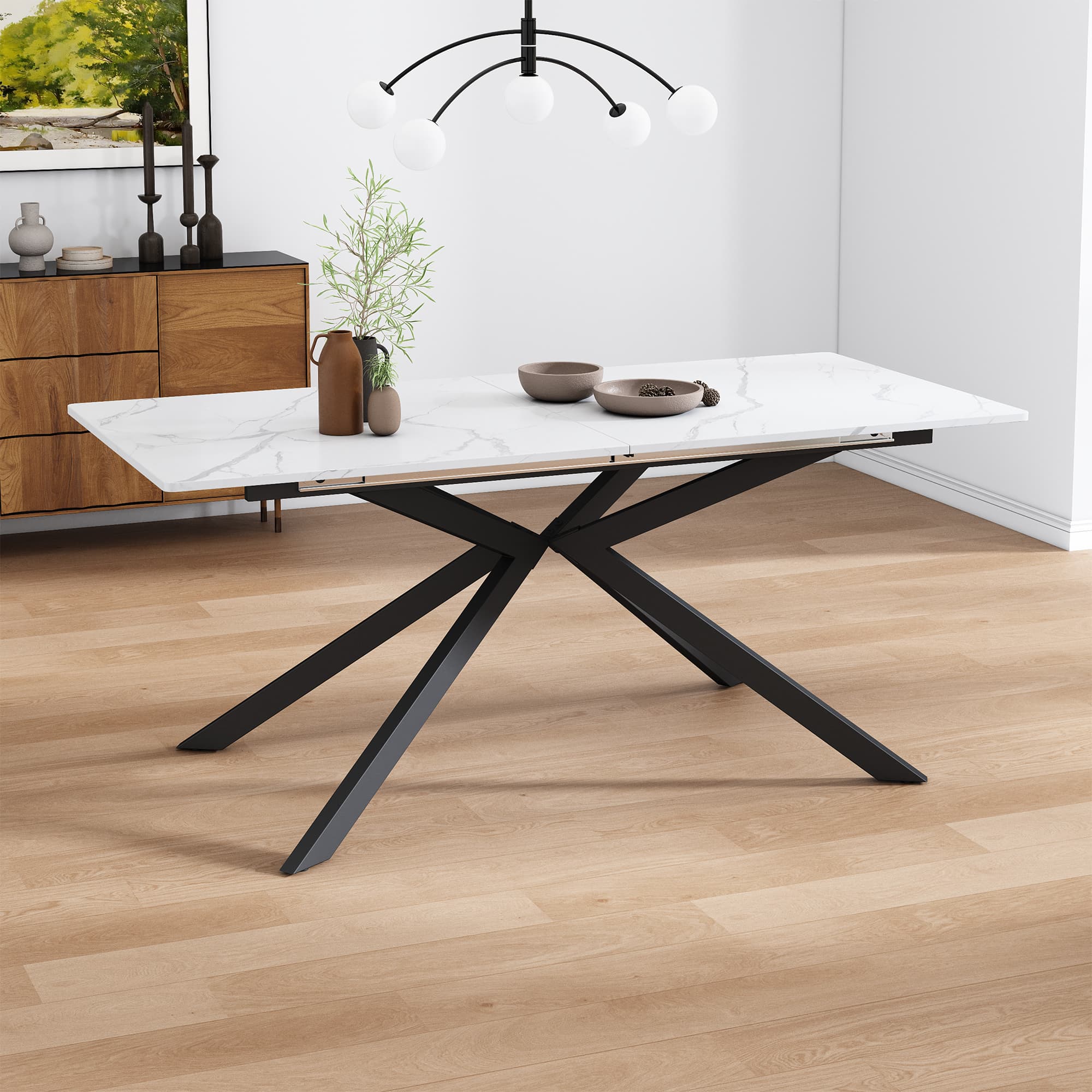 Modern Extendable Dining Table with Marble Effect & Cross Legs - image 4