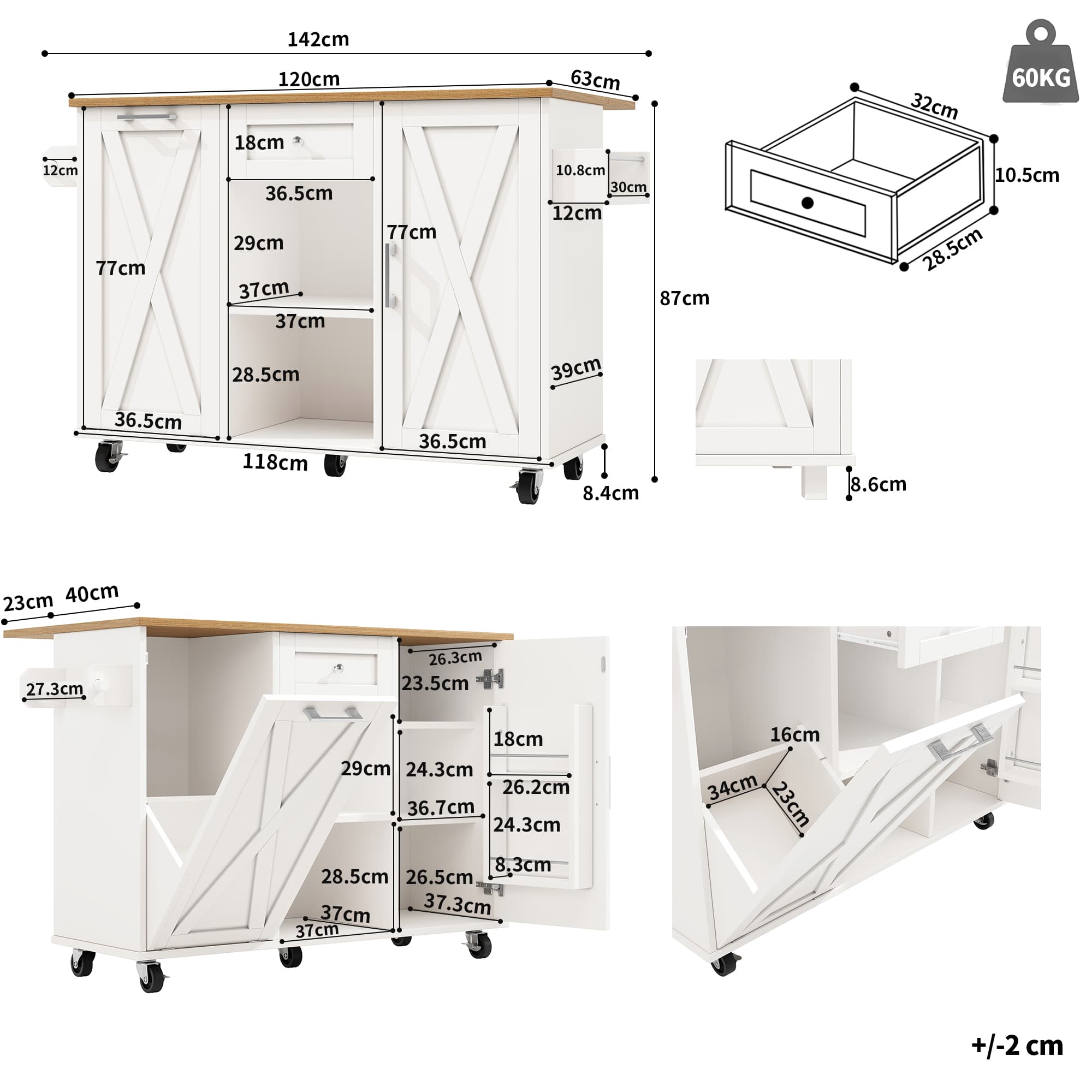 Mobile Kitchen Trolley with Extending Dining Table & Bin Cabinet - image 2