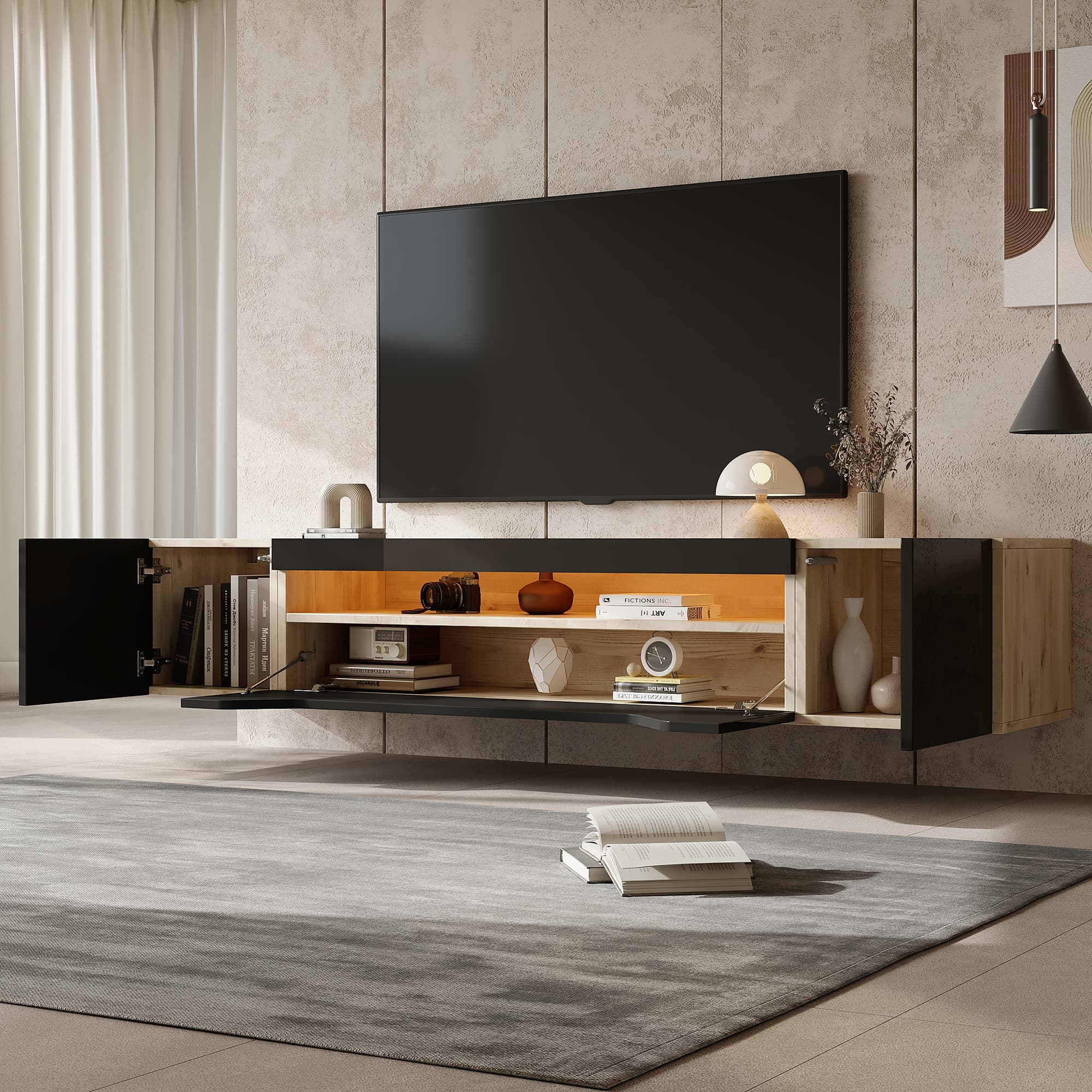 Wall-Mounted High Gloss TV Unit with LED Lighting (180cm, Black) - image 4