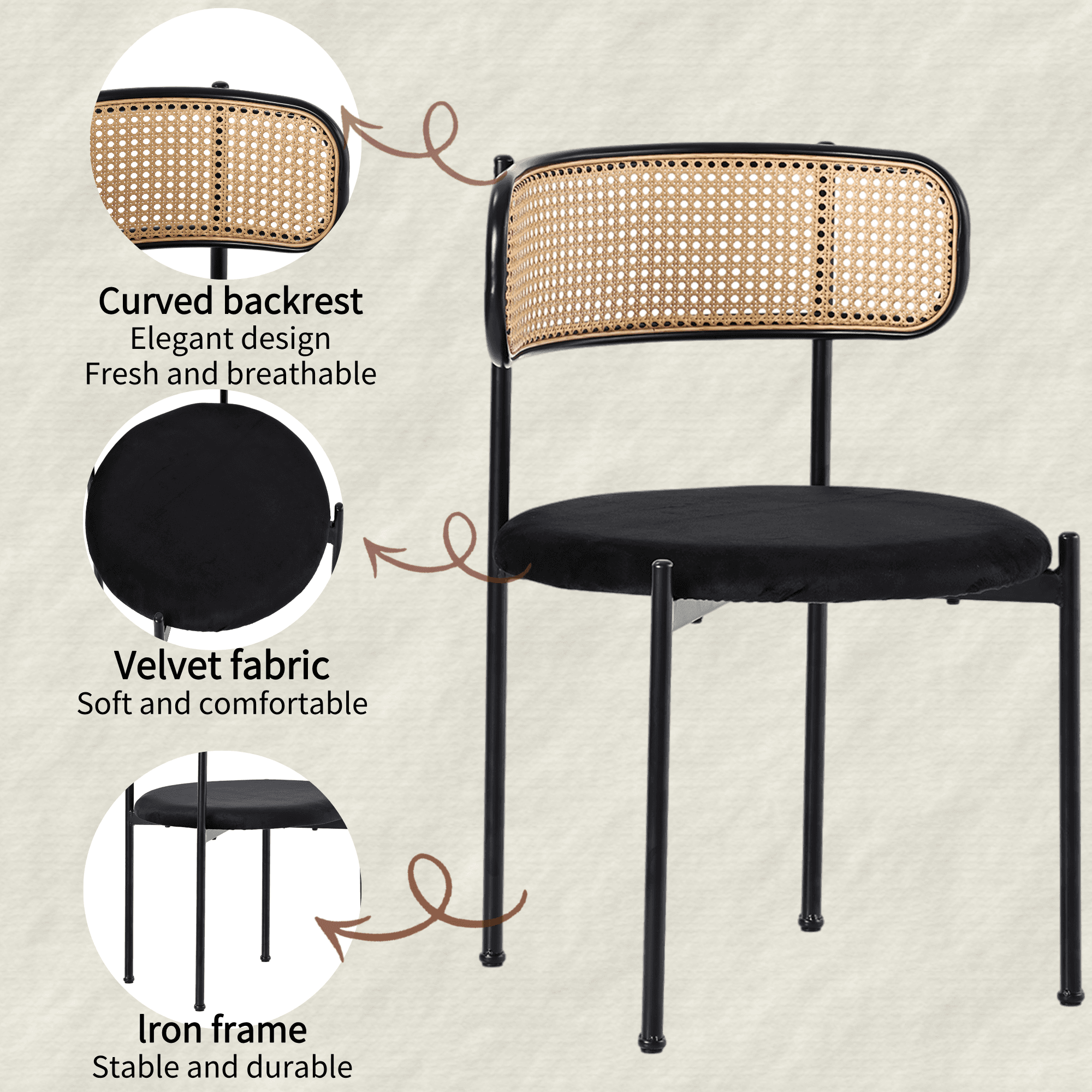Set of 4 Black Velvet Dining Chairs with Rattan Backrest - image 5