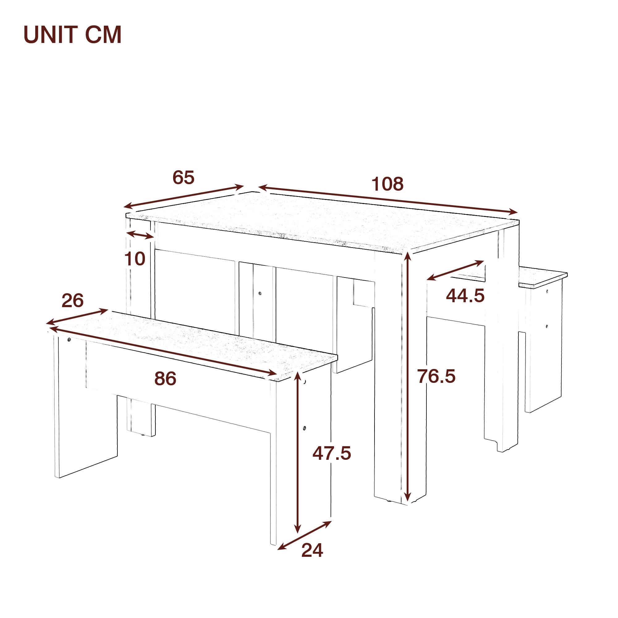 Modern Dining Set with Table and Benches, White Marble Effect - image 5