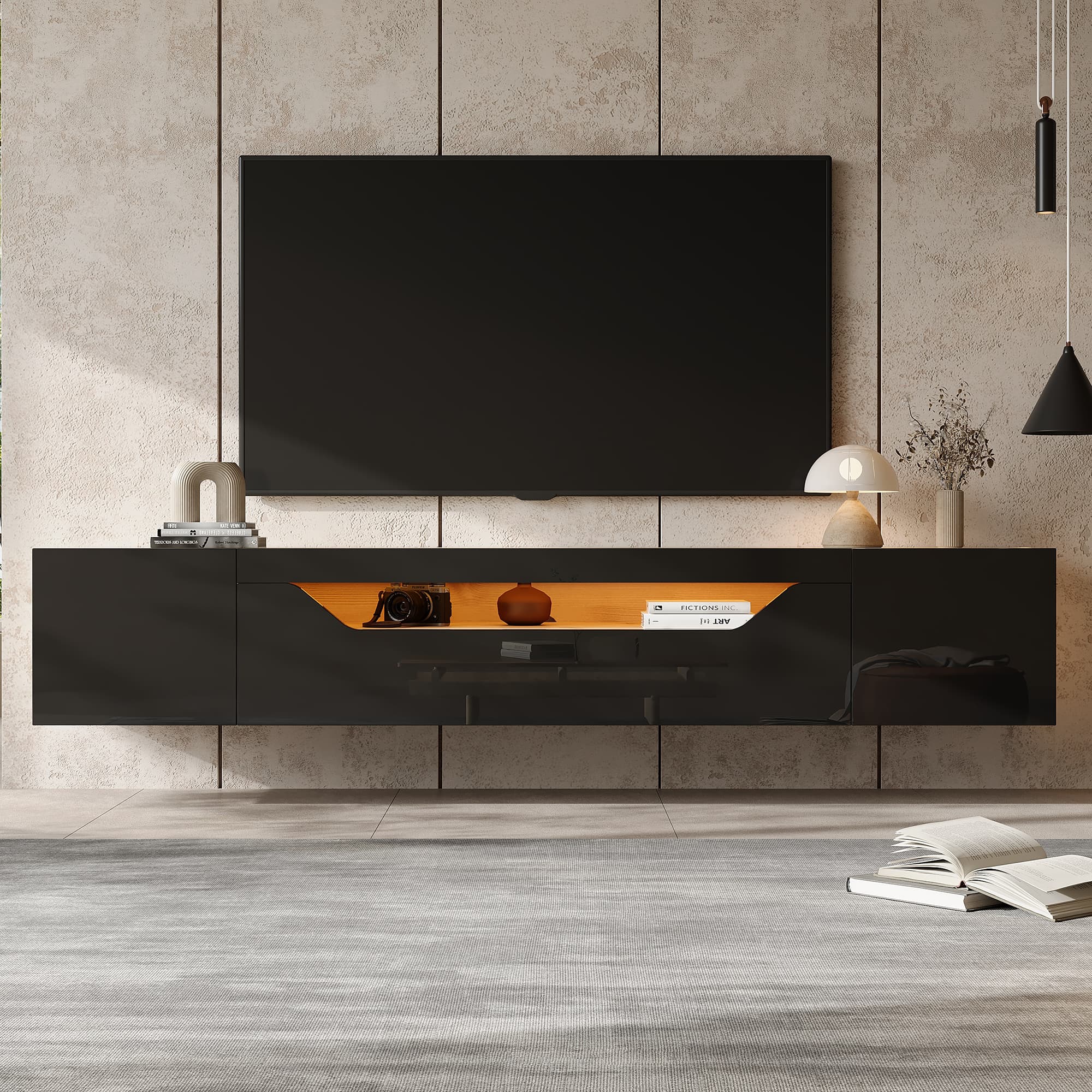 Wall-Mounted High Gloss TV Unit with LED Lighting (180cm, Black) - image 3