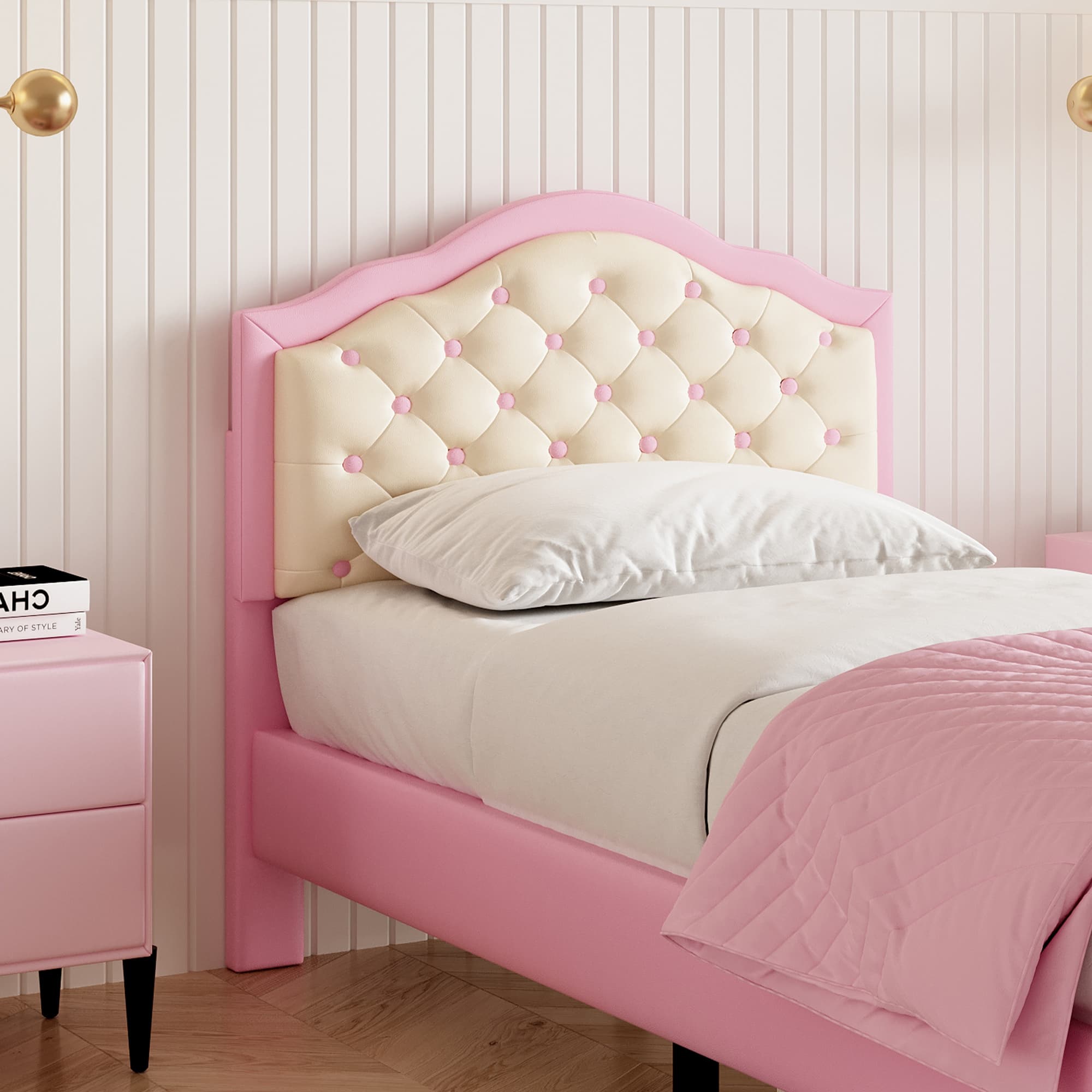 Single Upholstered Bed Frame in Pink & Beige Faux Leather (3ft) - image 5