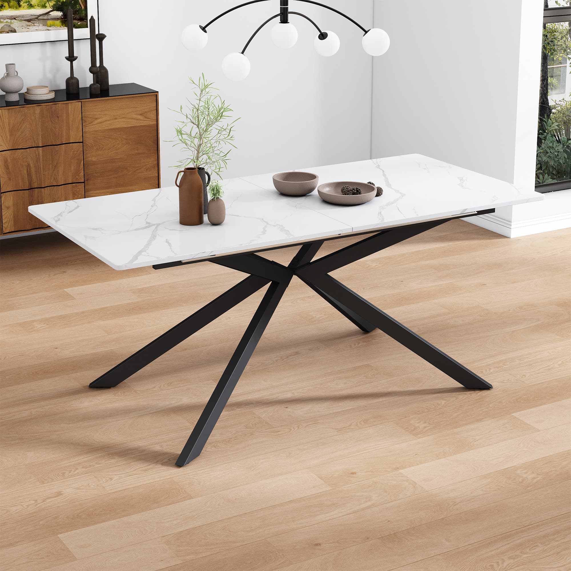 Modern Extendable Dining Table with Marble Effect & Cross Legs - image 2