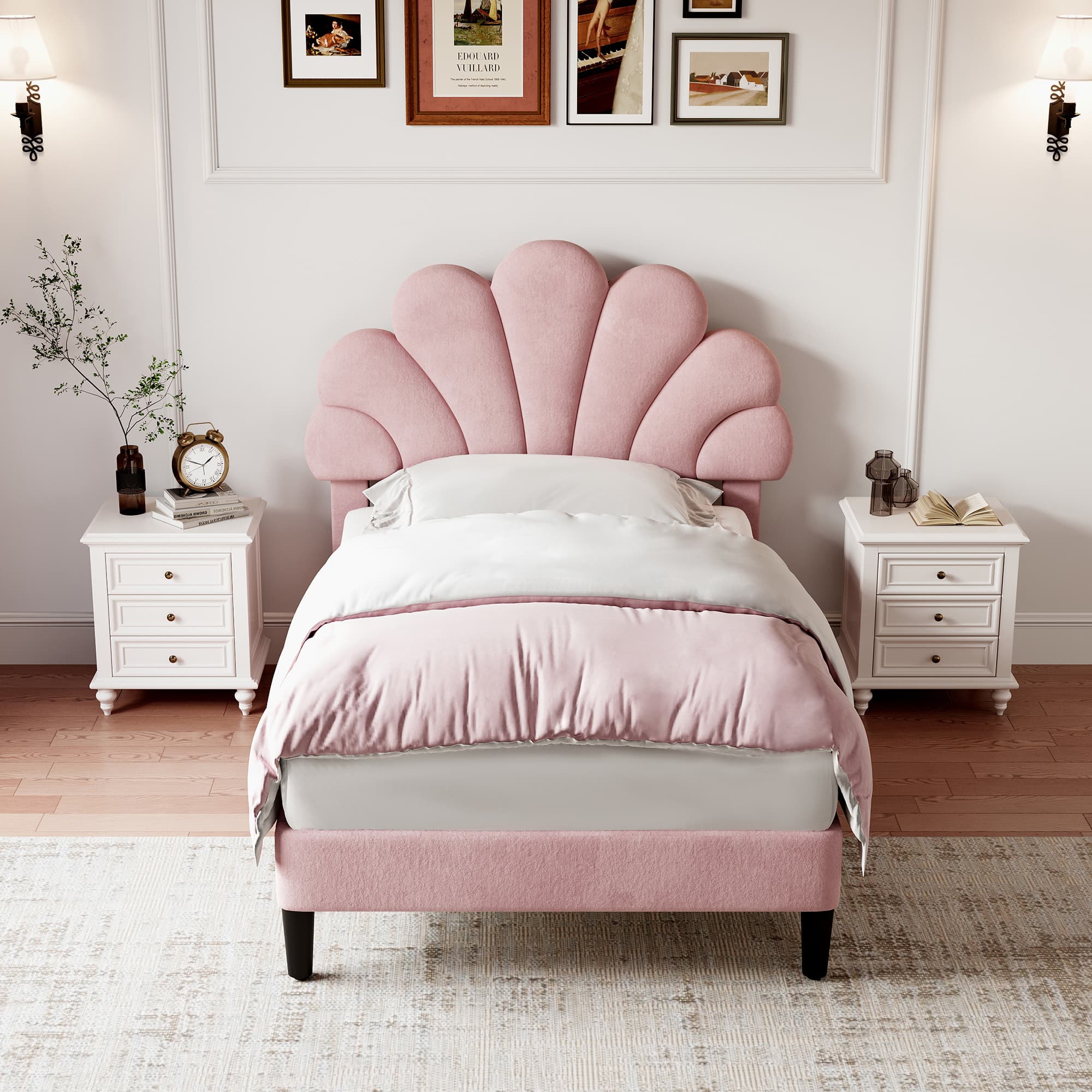 3ft Single Upholstered Bed in Pink Velvet with Petal Headboard - image 3