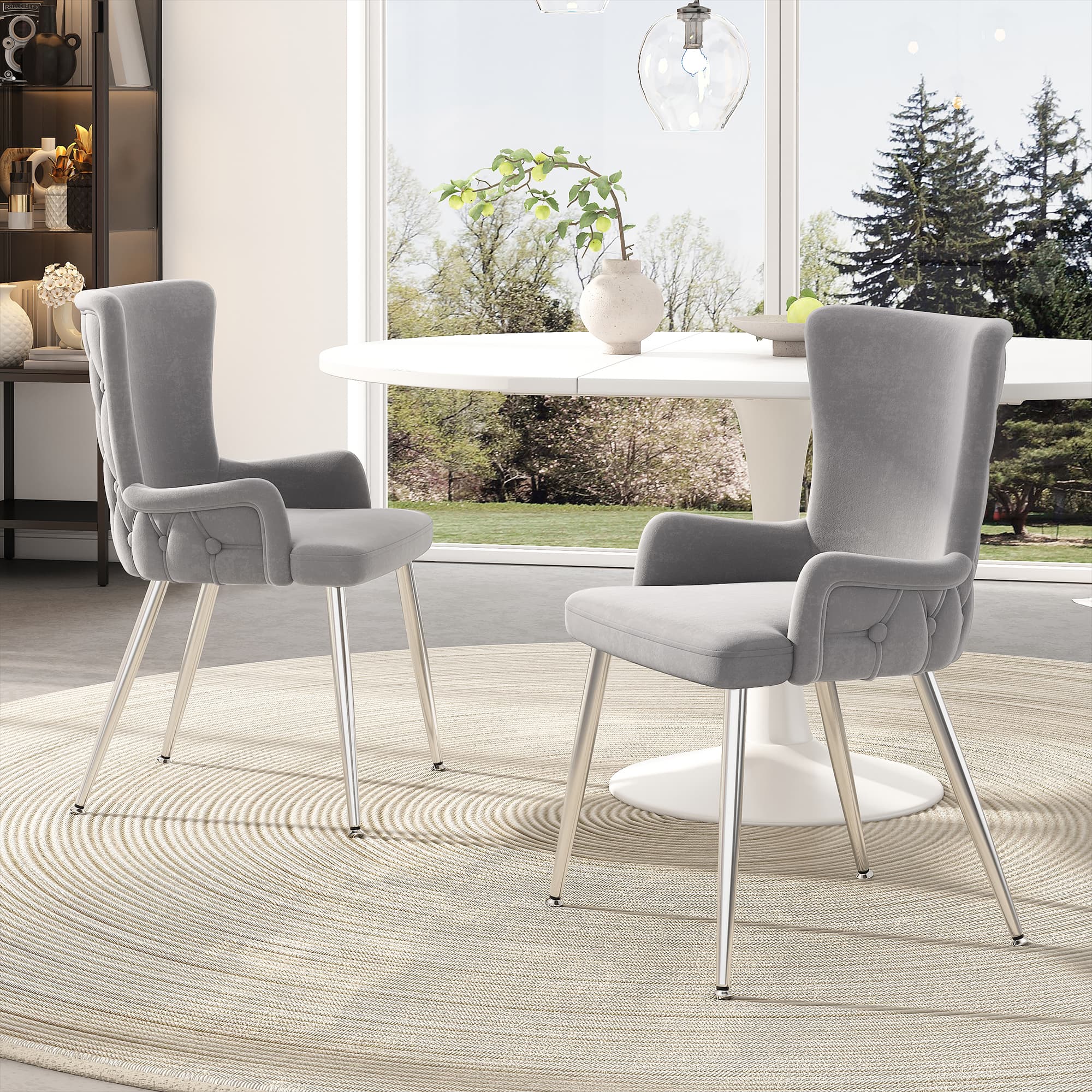 Set of 2 Grey Velvet Dining Chairs with Silver Coloured Metal Legs - image 3