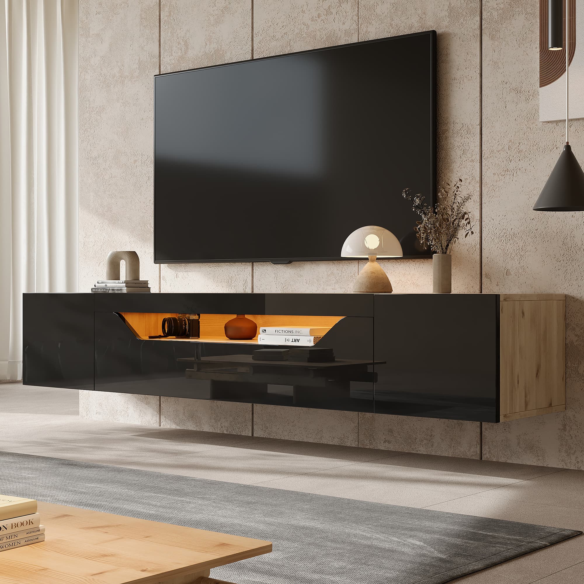 Wall-Mounted High Gloss TV Unit with LED Lighting (180cm, Black) - image 2