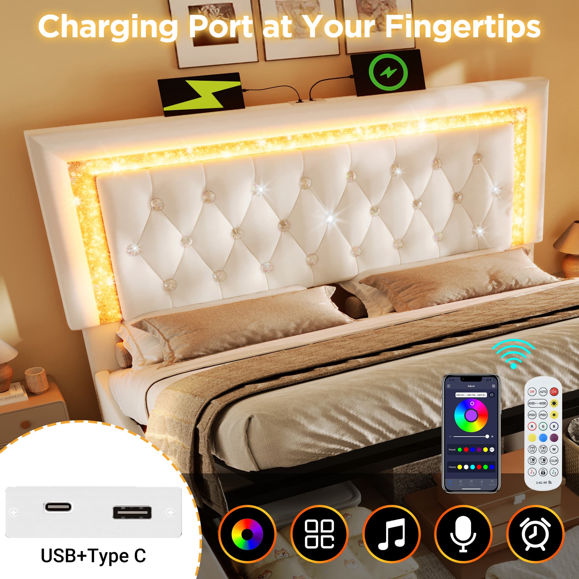 King Size (150x200cm) Velvet Ottoman Bed with Storage, LED Lights and USB-C Ports - image 4