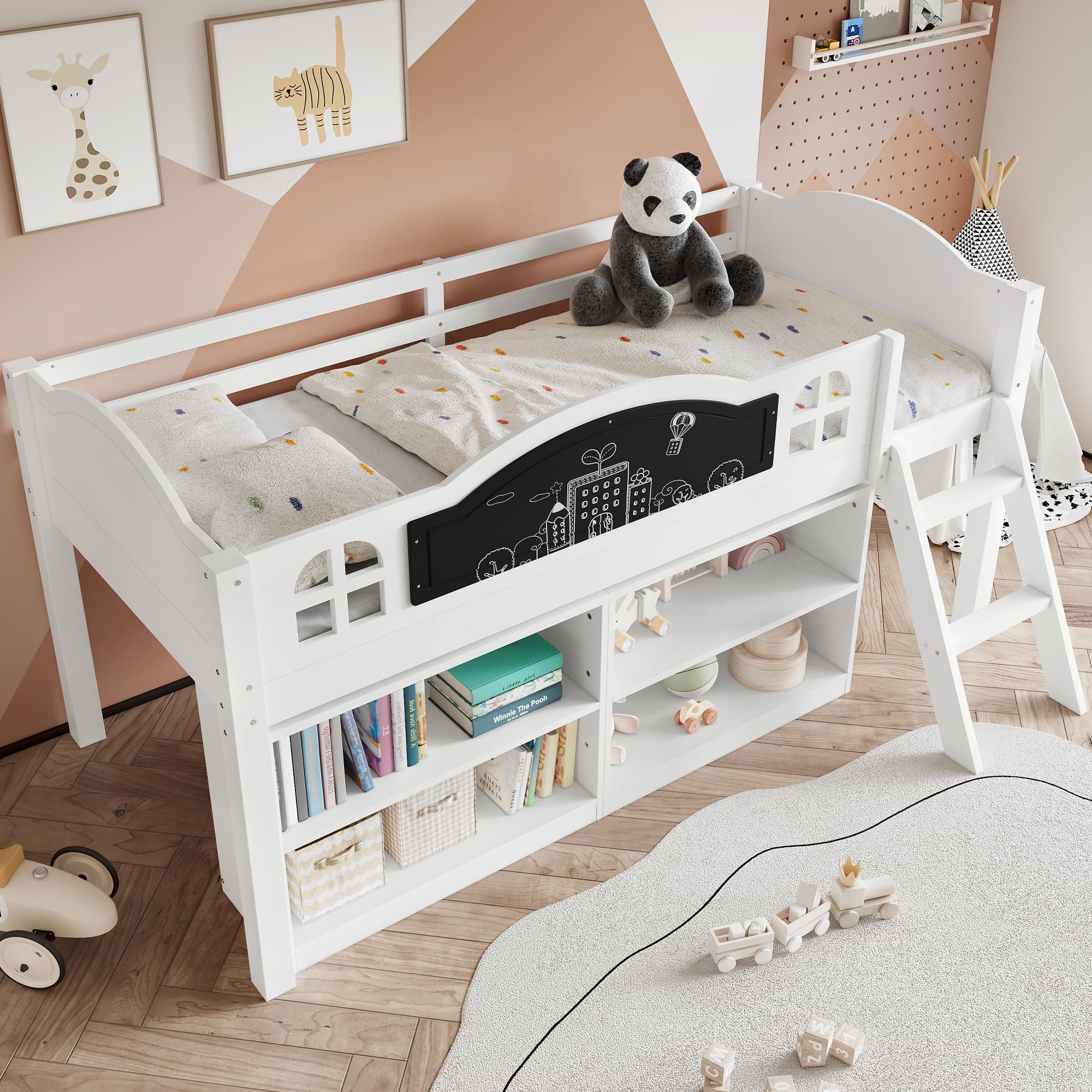 Wooden Mid Sleeper Bed with Blackboard, Storage and Steps - image 4