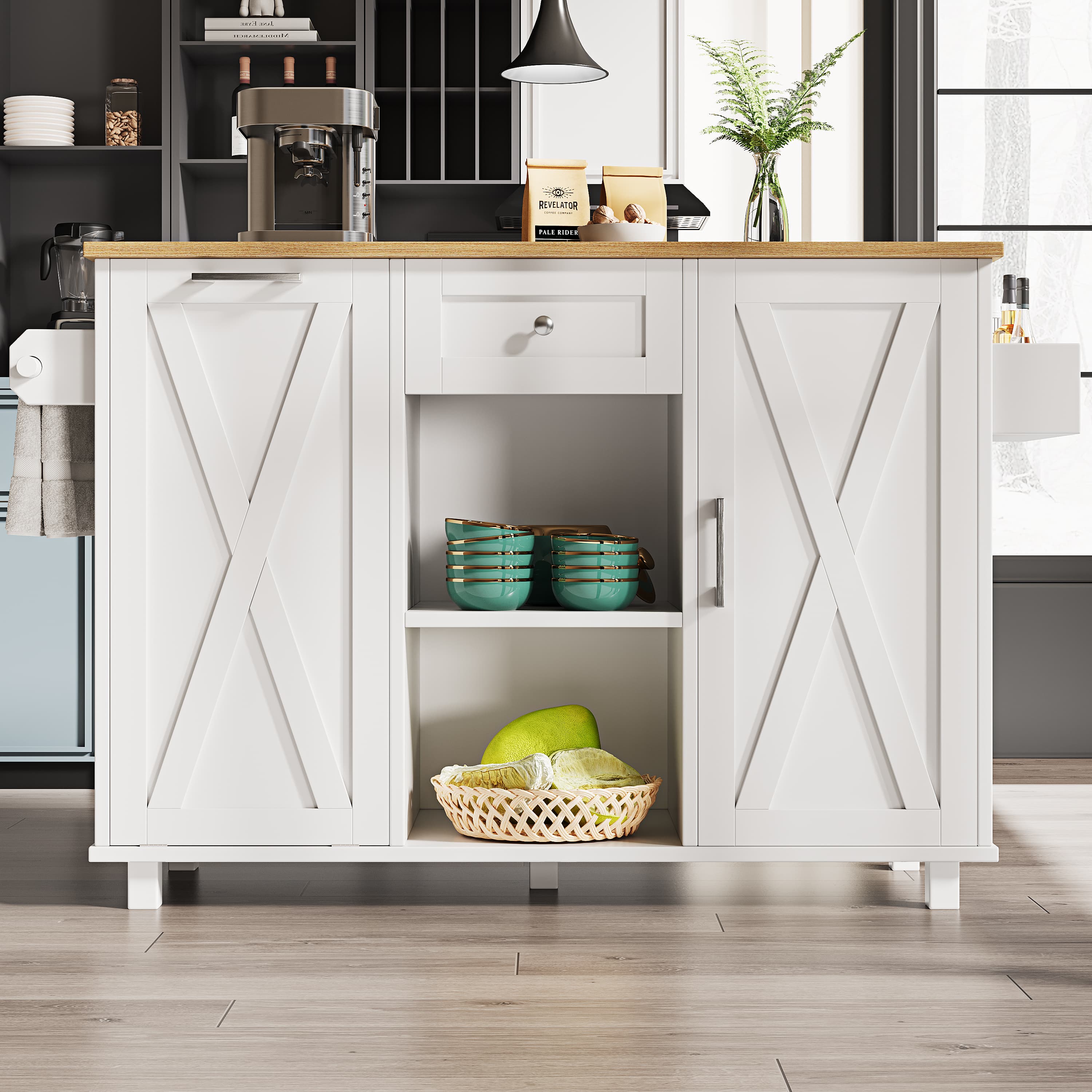 Mobile Kitchen Trolley with Extending Dining Table & Bin Cabinet - image 3