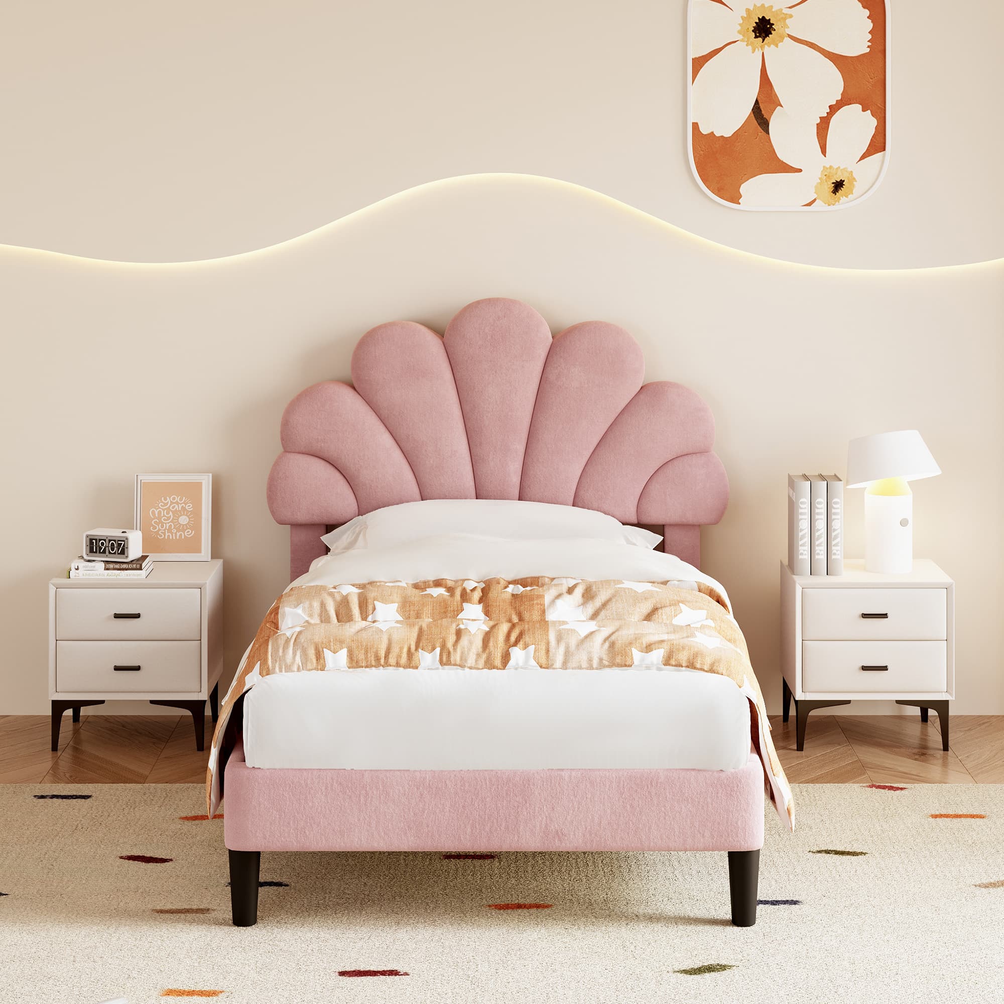 3ft Single Upholstered Bed in Pink Velvet with Petal Headboard