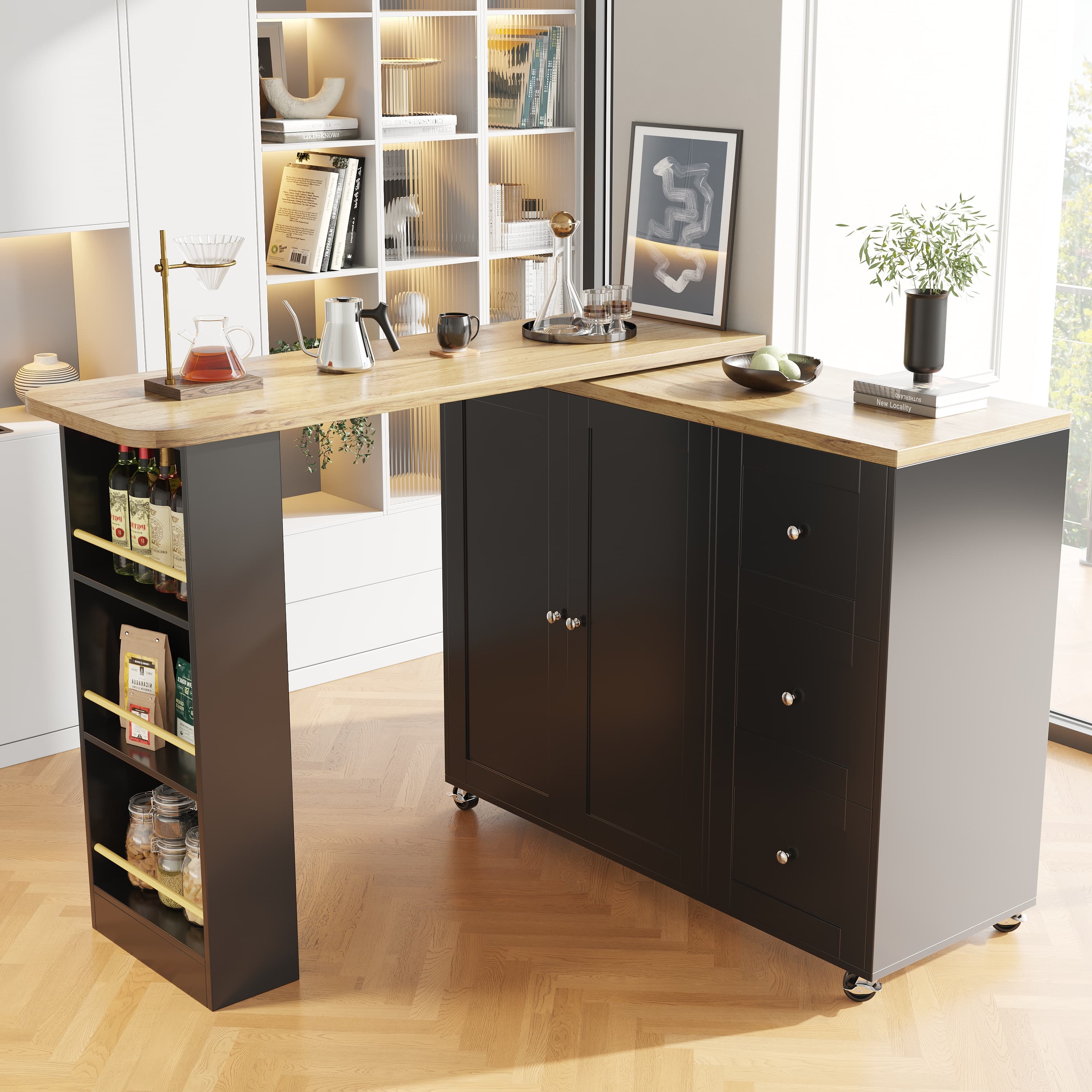 Multifunctional Swivel Bar Table with 3 Drawers, Black - image 1