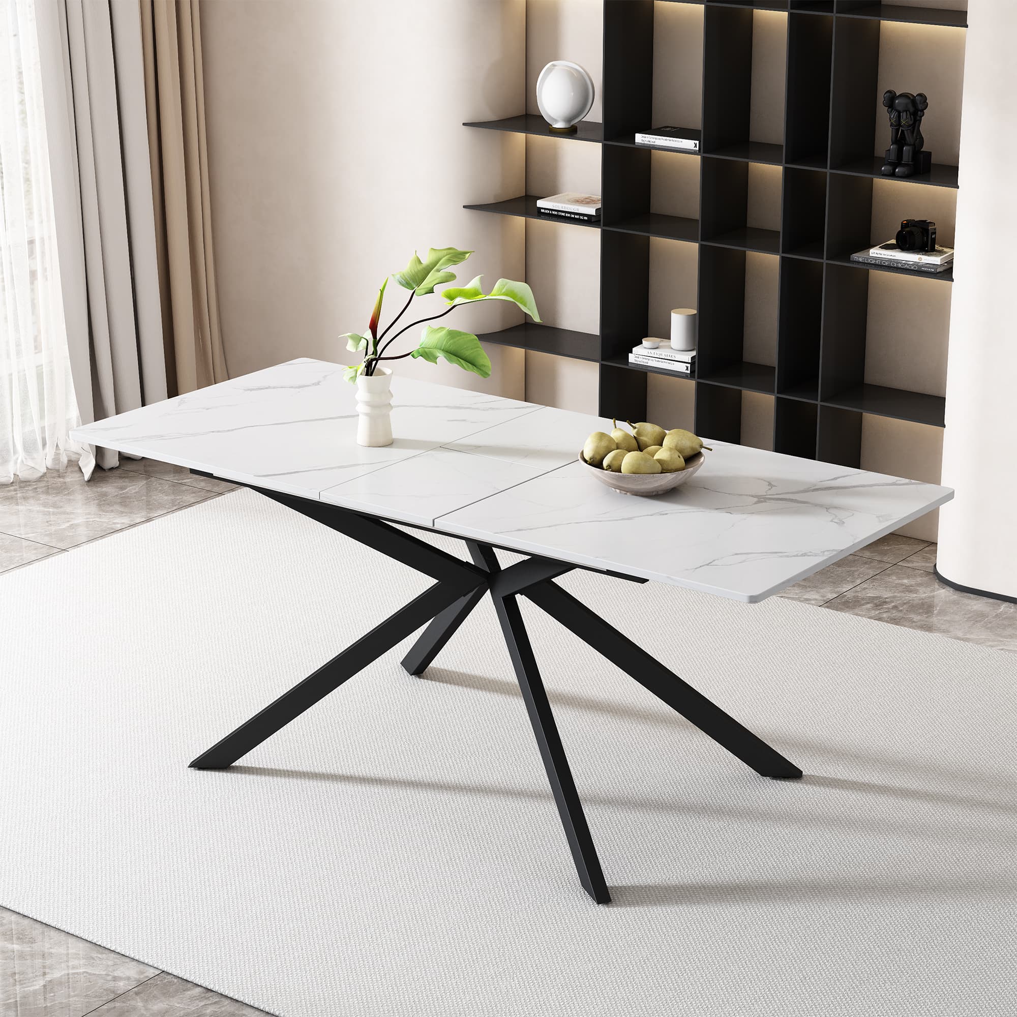 Modern Extendable Dining Table with Marble Effect & Cross Legs - image 3