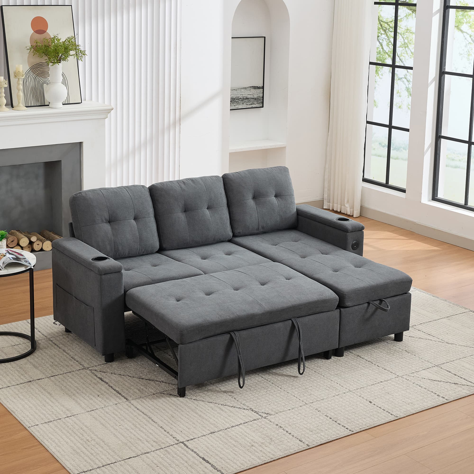 Grey 3-Seater L-Shaped Sofa Bed with Storage, USB Ports & LED