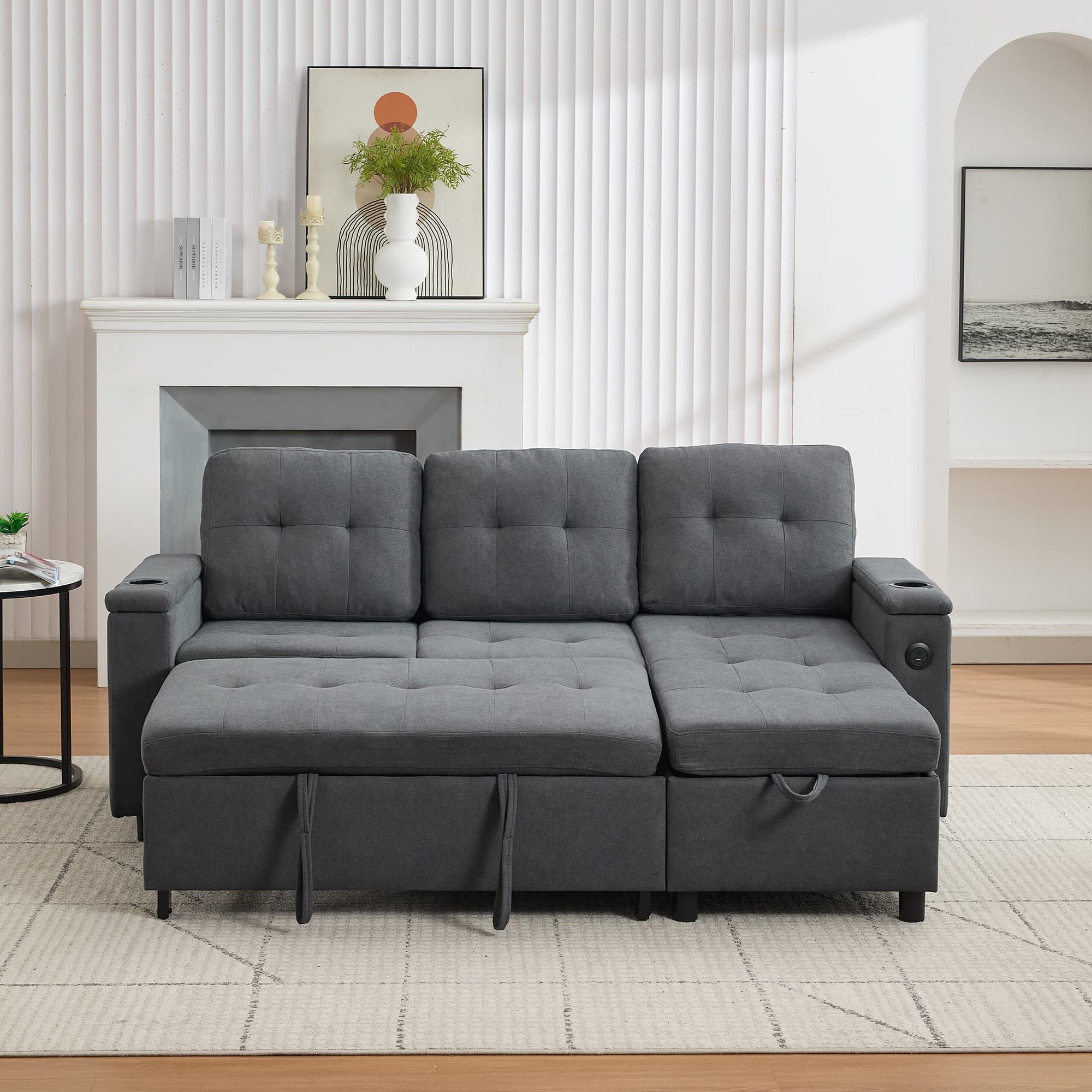 Grey 3-Seater L-Shaped Sofa Bed with Storage, USB Ports & LED - image 1