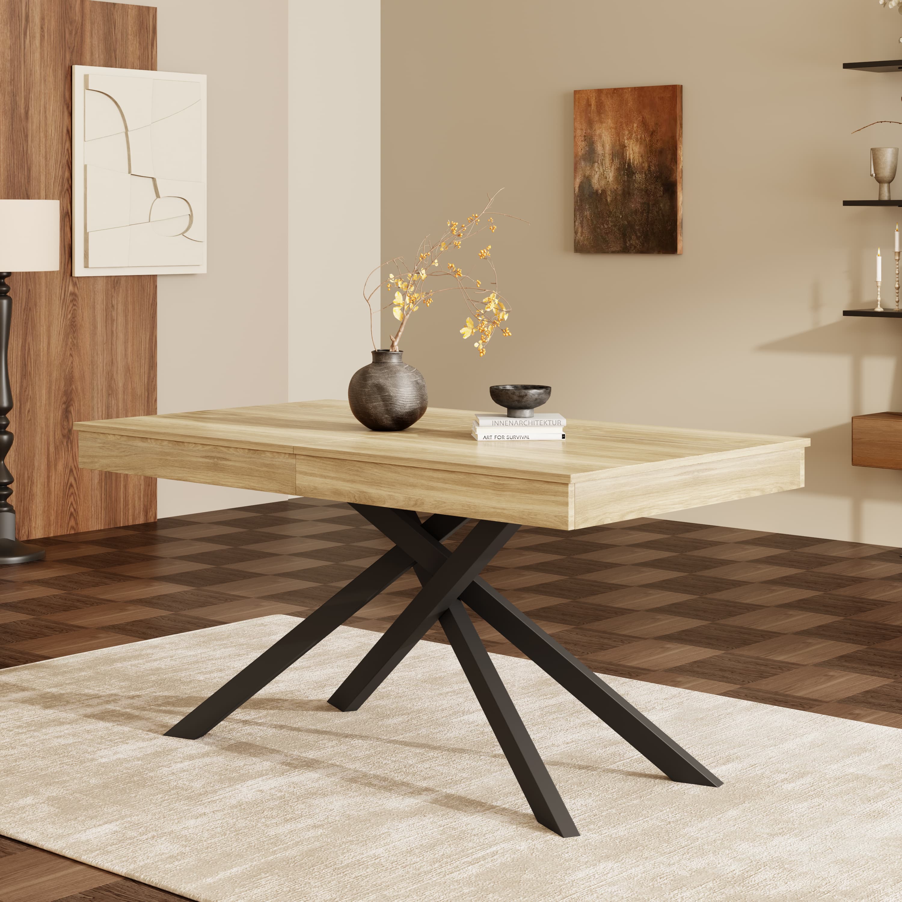 Industrial Style Extendable Dining Table, Oak Effect - image 1