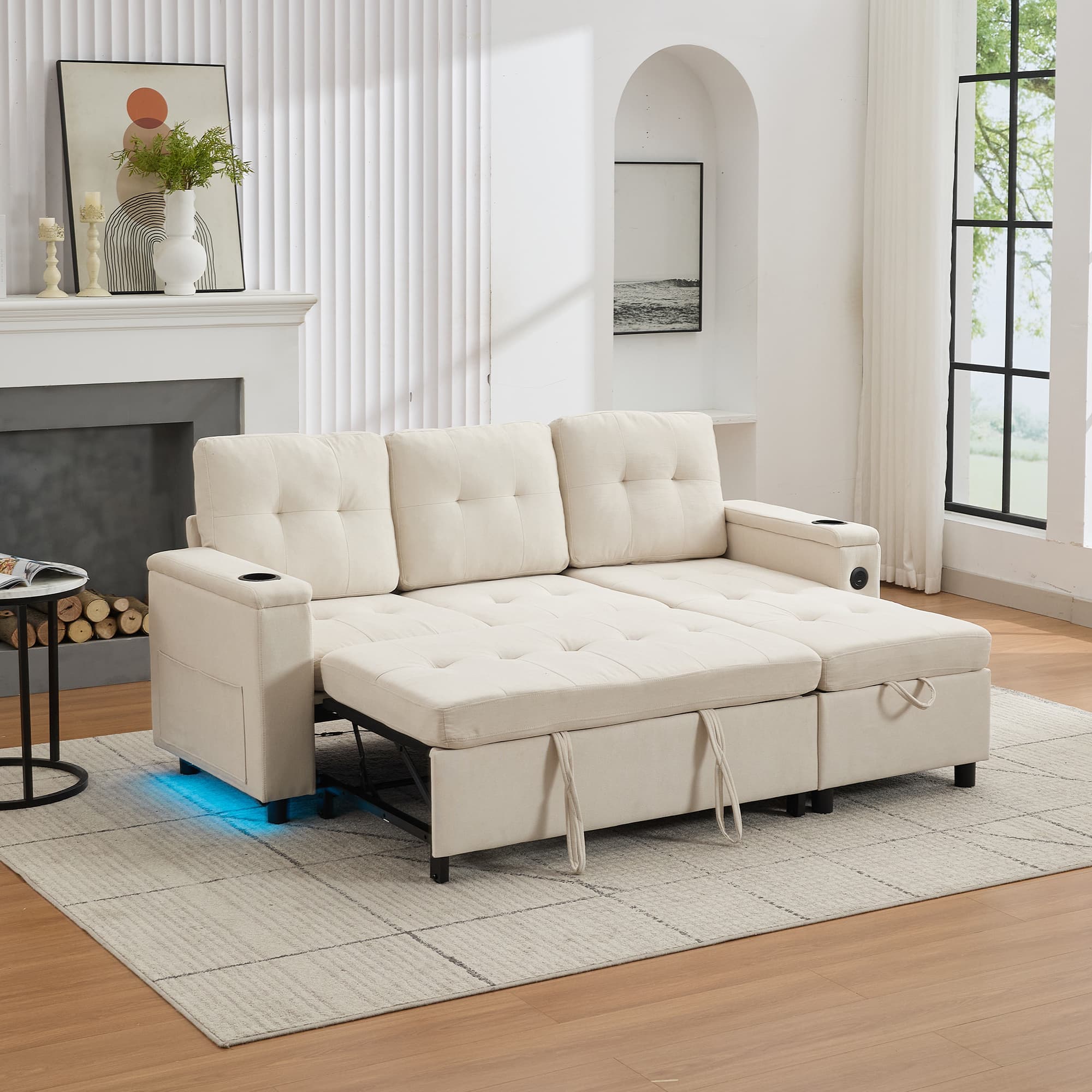 3 Seater L-Shaped Sofa Bed in Beige Fabric with Storage and USB Ports - image 3