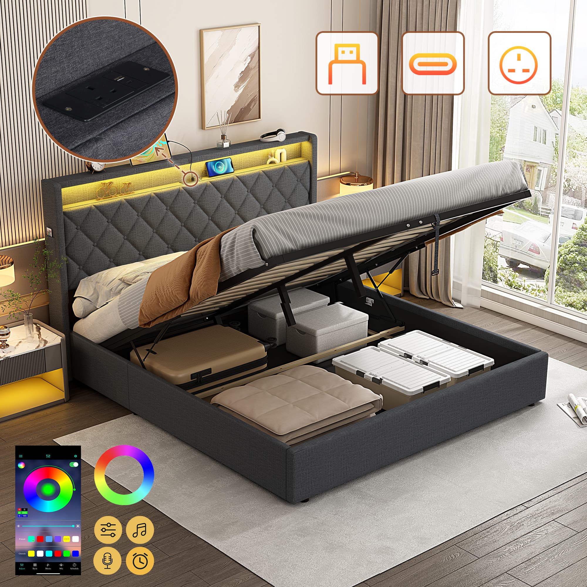 Grey Linen King Size (5ft) Ottoman Bed with Storage, LED Lights & USB Charging Station