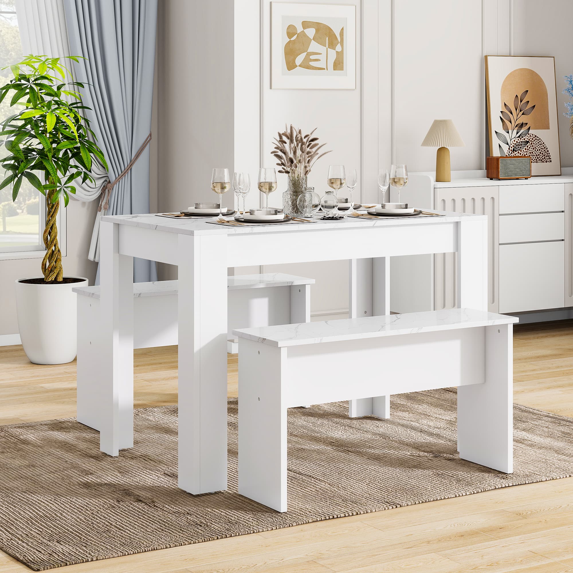 Modern Dining Set with Table and Benches, White Marble Effect - image 1