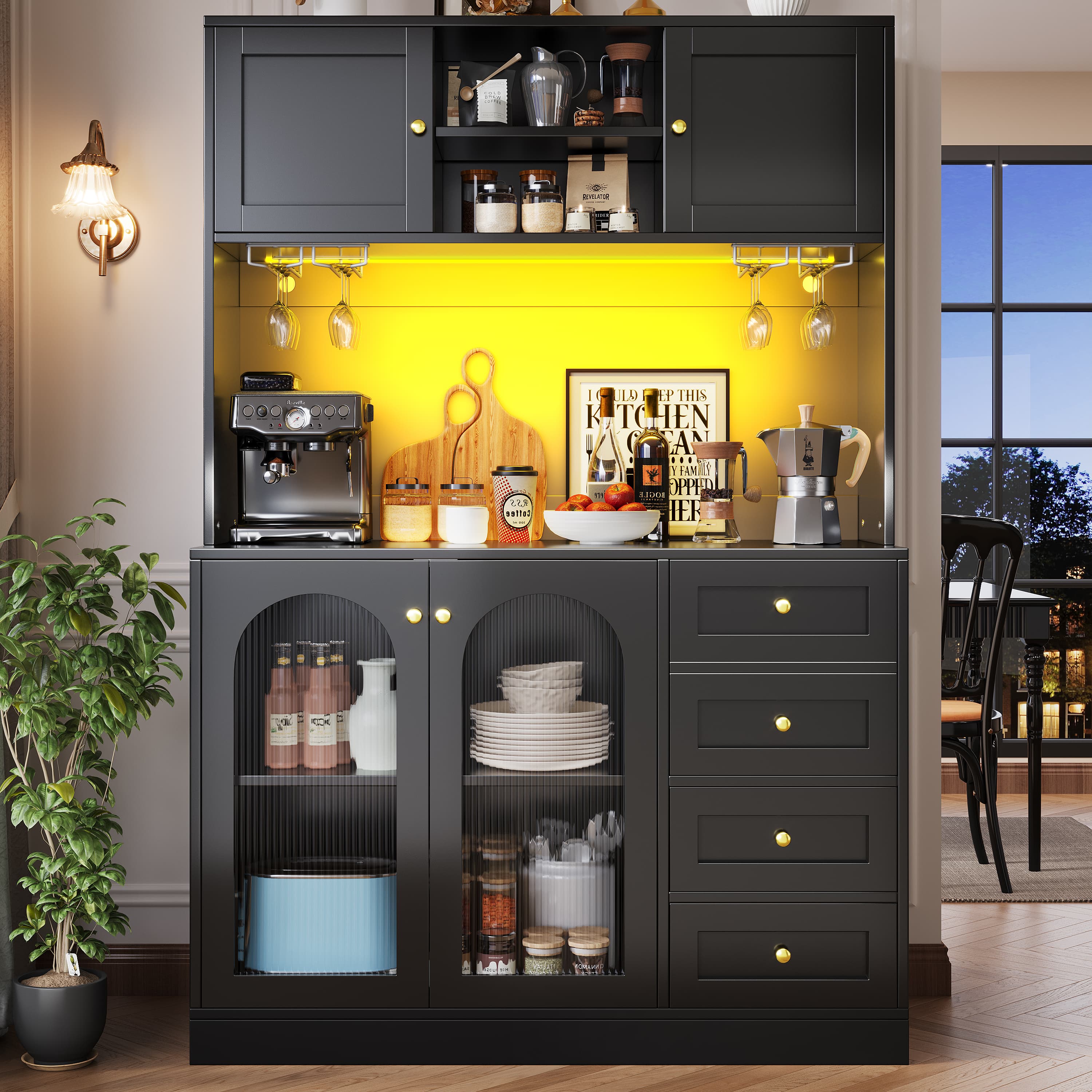 Black Display Cabinet with LED Lighting, Glass Doors & Drink Holders - image 5